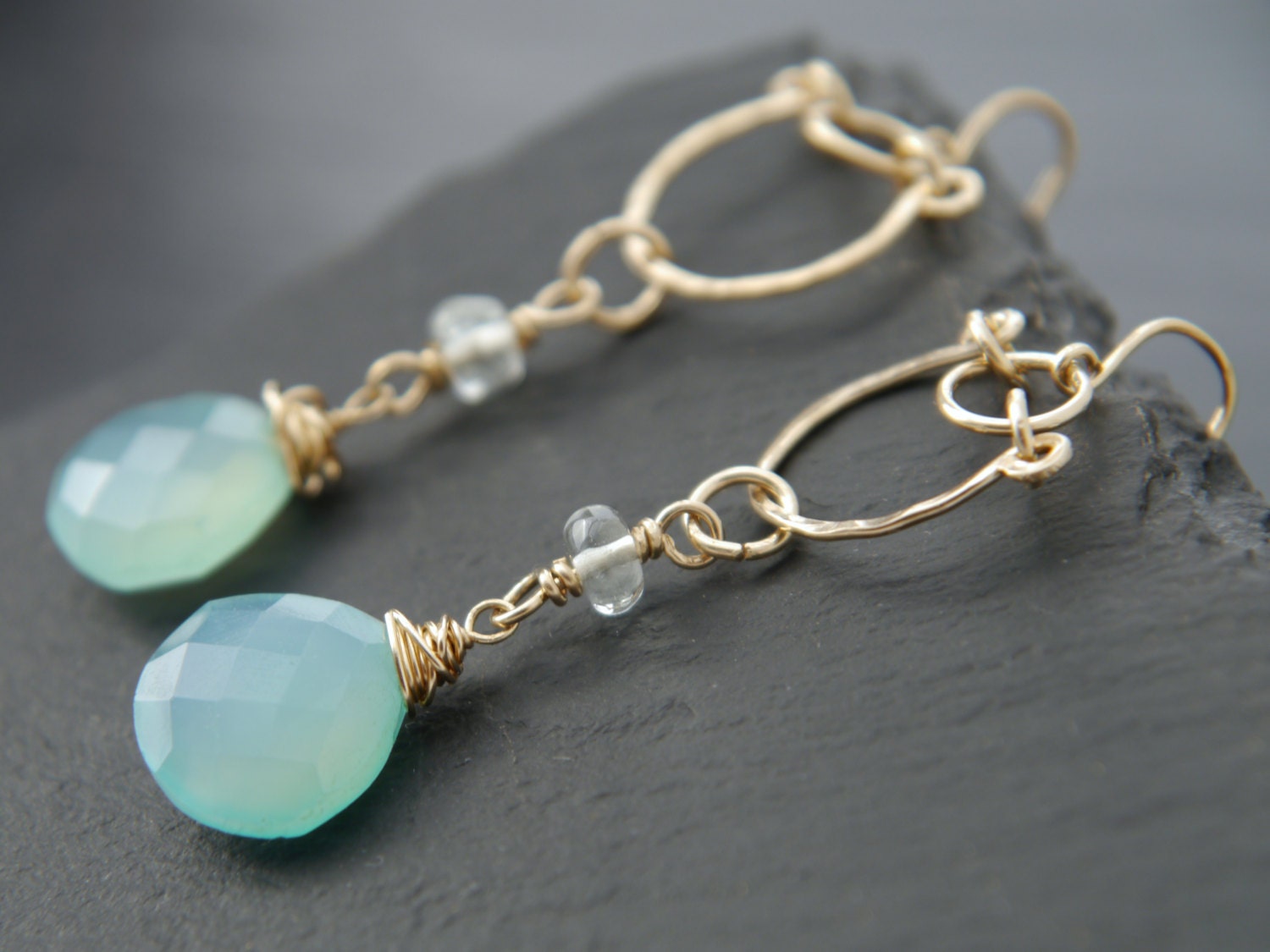 Aqua Chalcedony Heart Chandelier Gemstone Earrings, 14K Gold Filled Bohemian Wedding