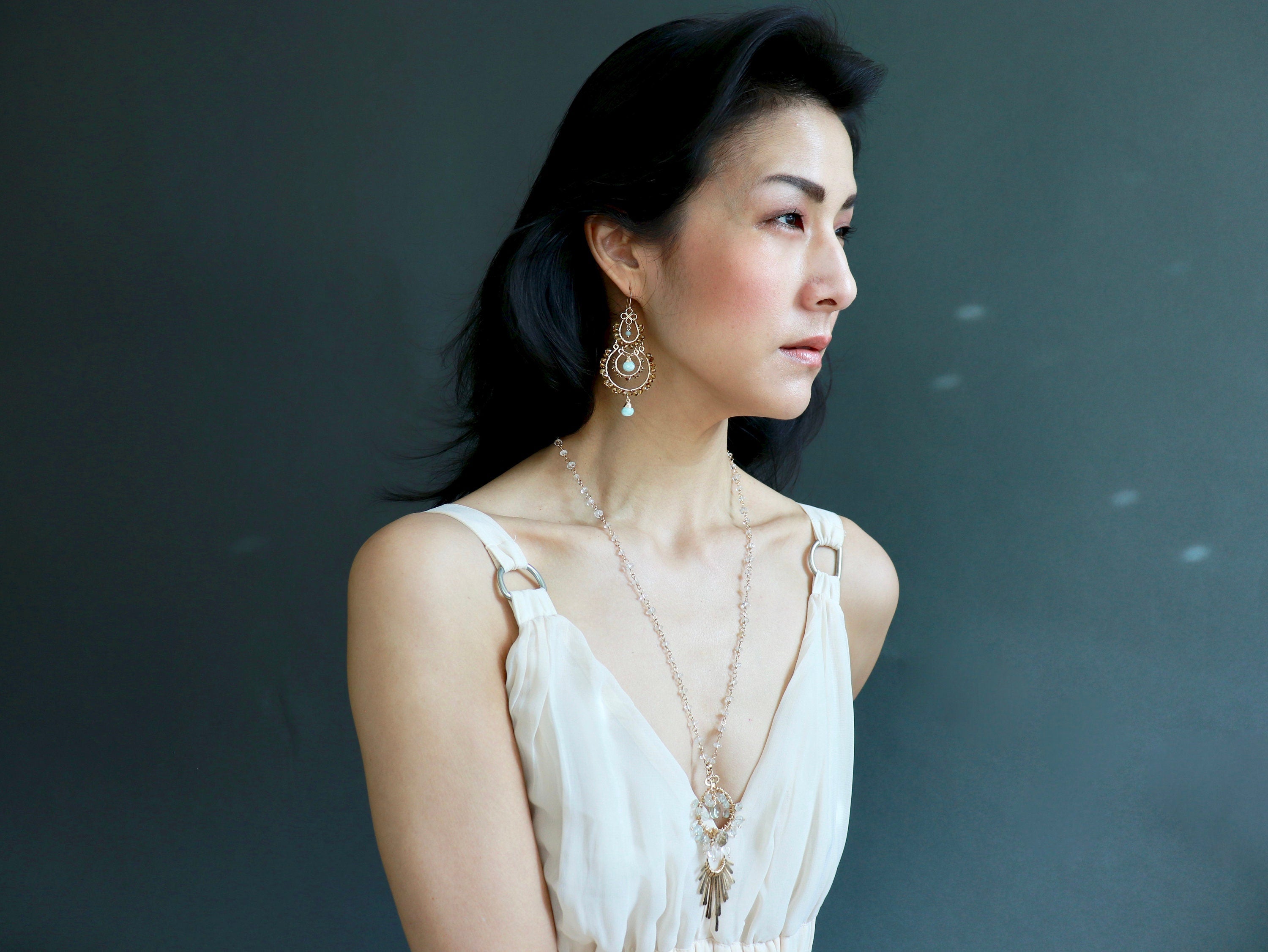 Amazonite Tortoiseshell Chandelier Earrings, 14K Gold Filled Boho Dangle, Earth Tone Jewelry