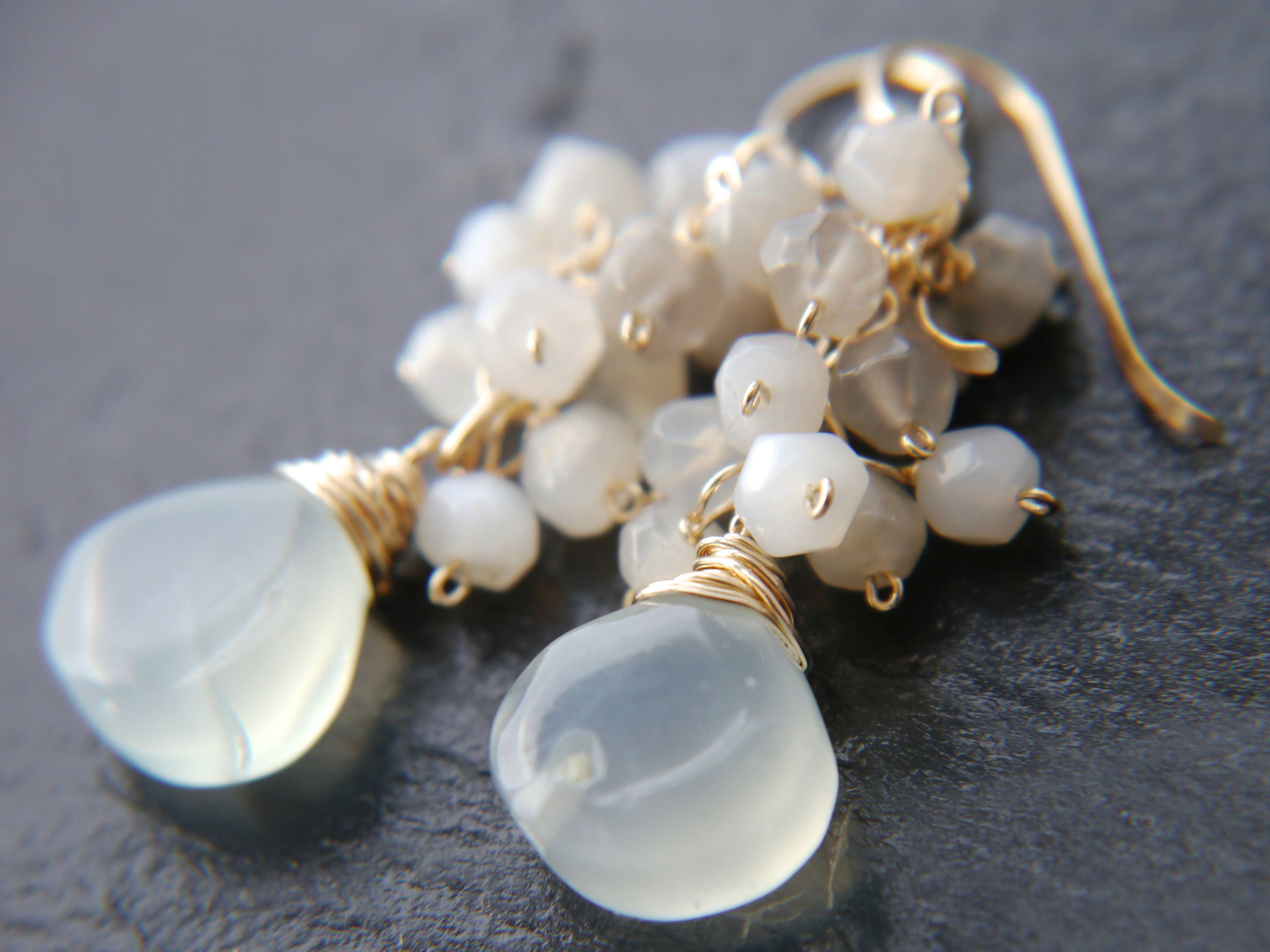 Aqua Chalcedony Briolette Moonstone Cluster Gemstone Earrings, 14K Gold Filled