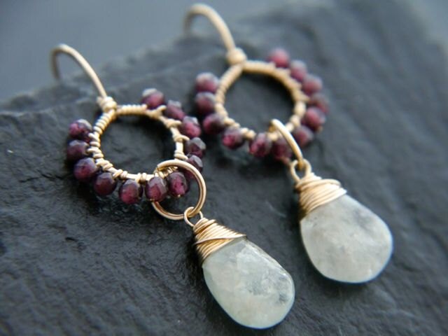 Aquamarine Garnet Floral Chandelier Gemstone Earrings, 14K Gold Filled Bohemian Style