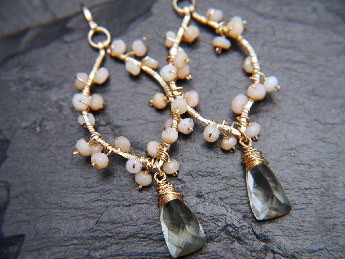 Bridal Chandelier Gold Earrings, 14K Gold Filled, Pink Opal, Aquamarine & Green Amethyst, Garden Wedding Earrings