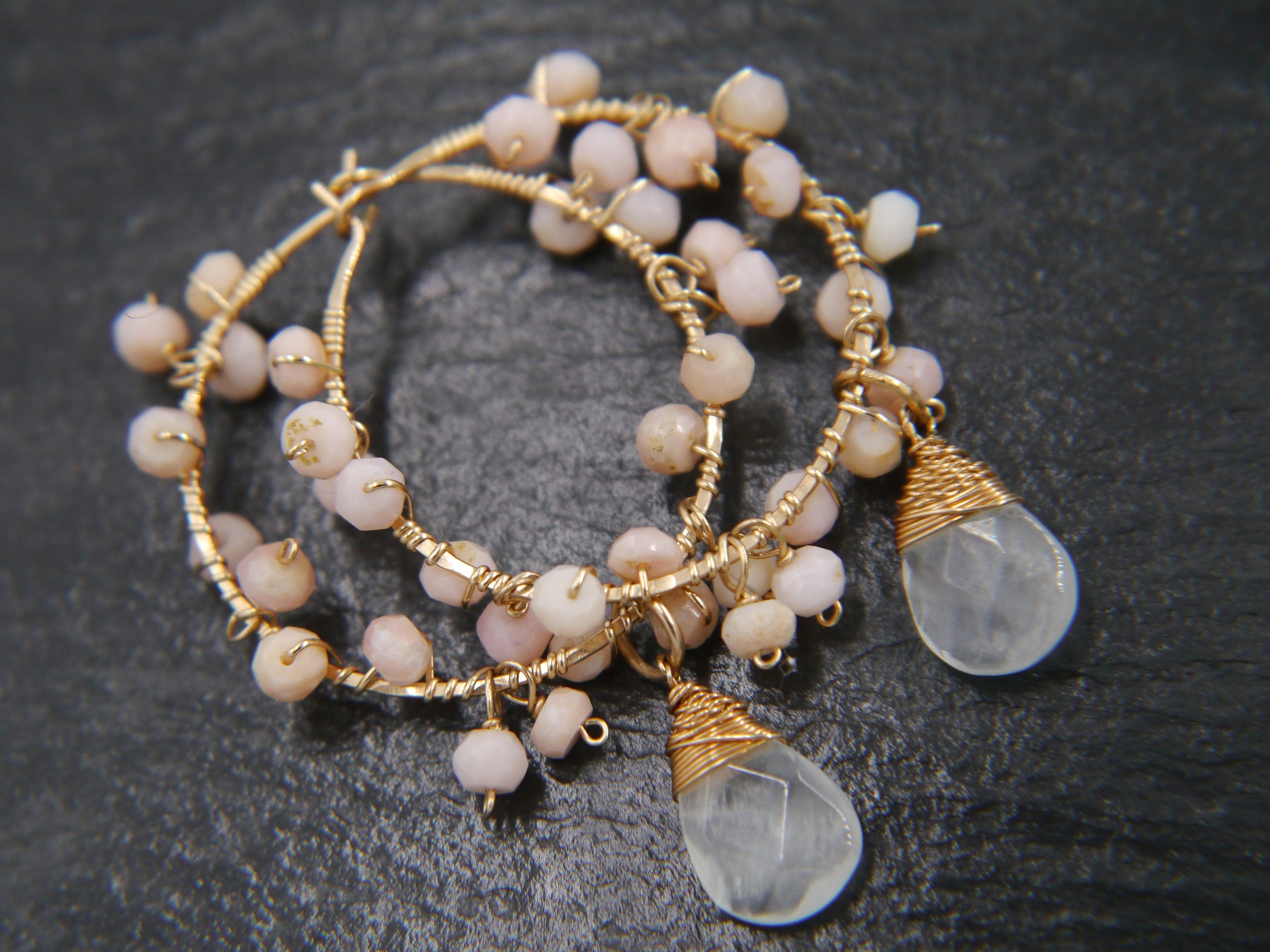 Aquamarine Pink Opal Floral Hoop Gemstone Earrings, 14K Gold Filled Bridal