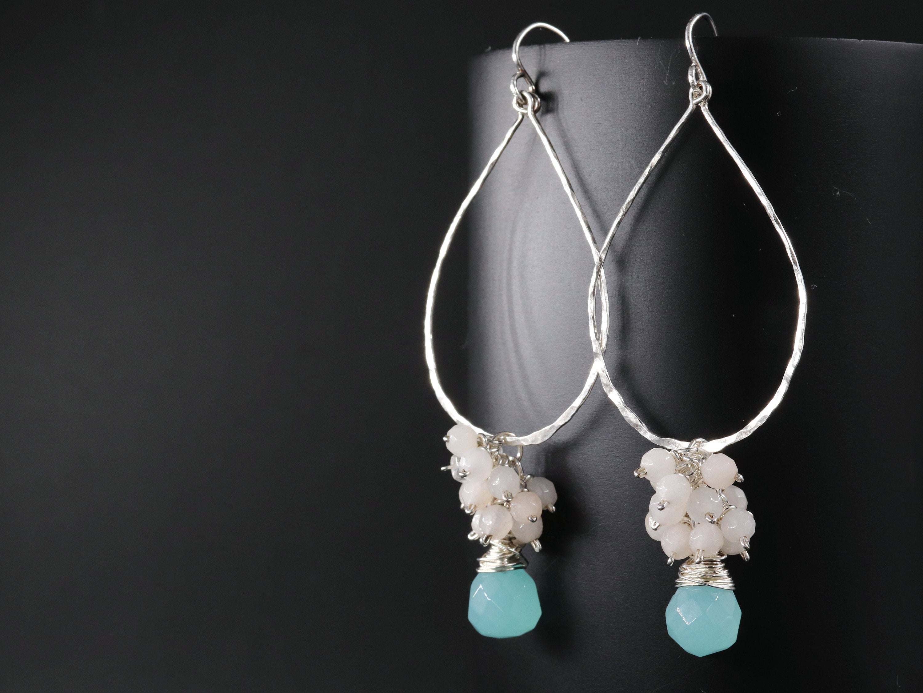 Aqua Chalcedony Rose Quartz Floral Hoop Gemstone Earrings, Sterling Silver, Garden Wedding
