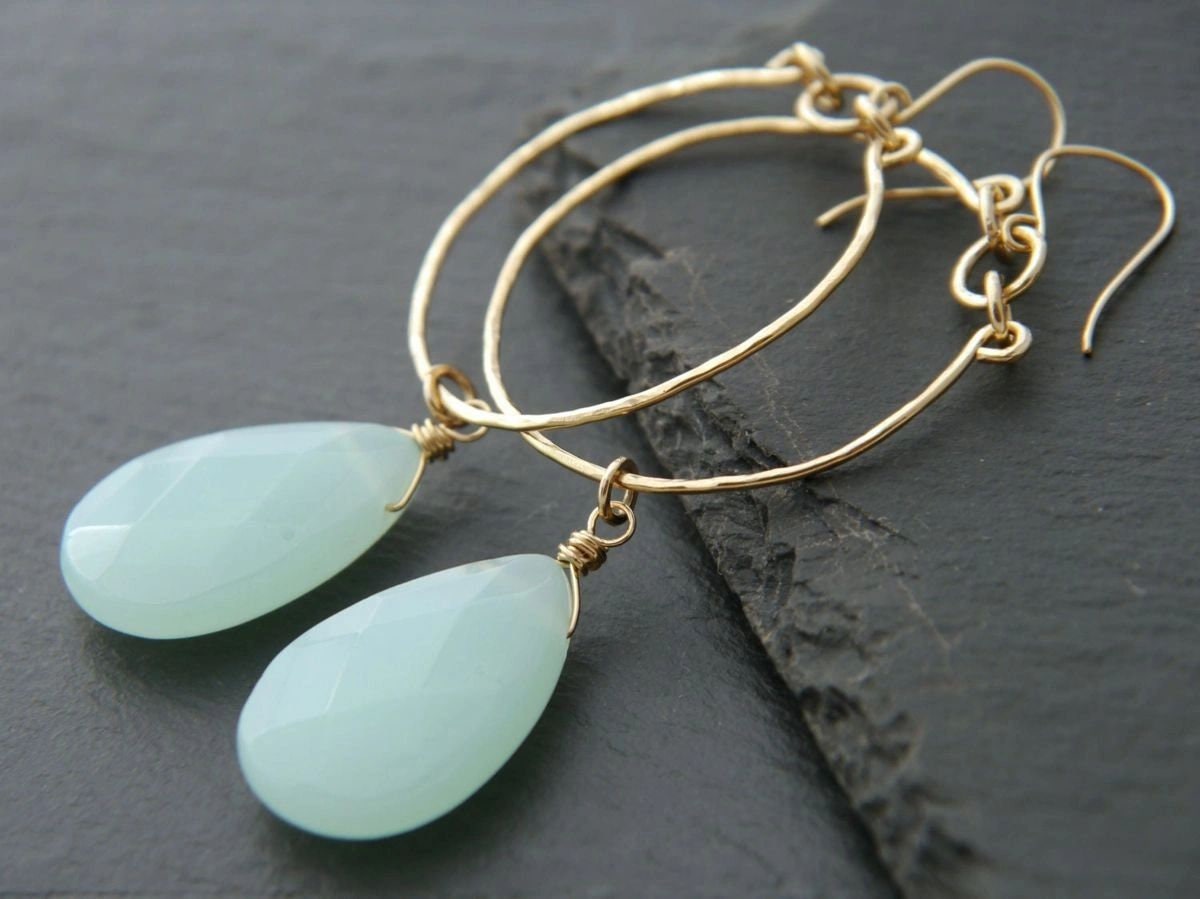 Aqua Chalcedony Teardrop Hoop Gemstone Earrings, 14K Gold Filled