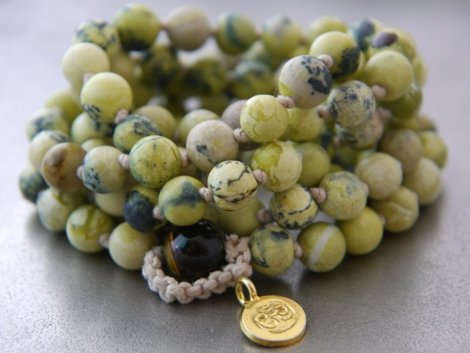 Yellow Green Serpentine Mala Beads, 108 Gemstone Beads, Wrap, Hand Knotted