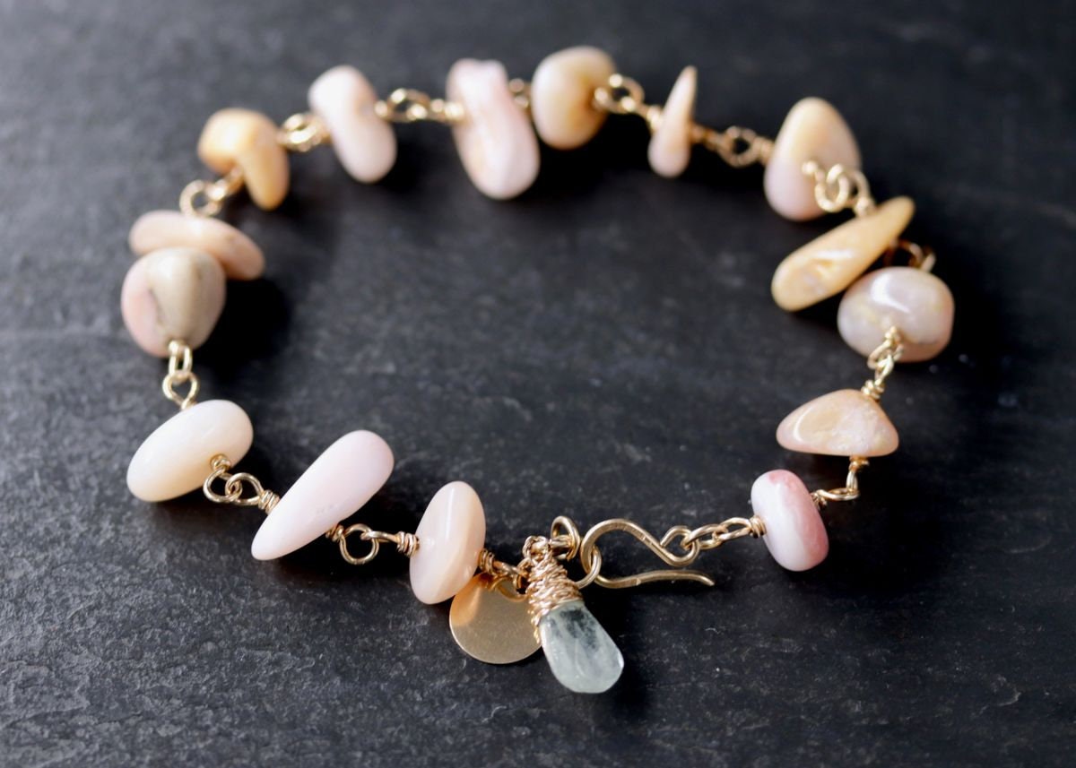 Pink Opal Aquamarine 14K Gold Filled Gemstone Bracelet, Pastel Beaded Jewelry