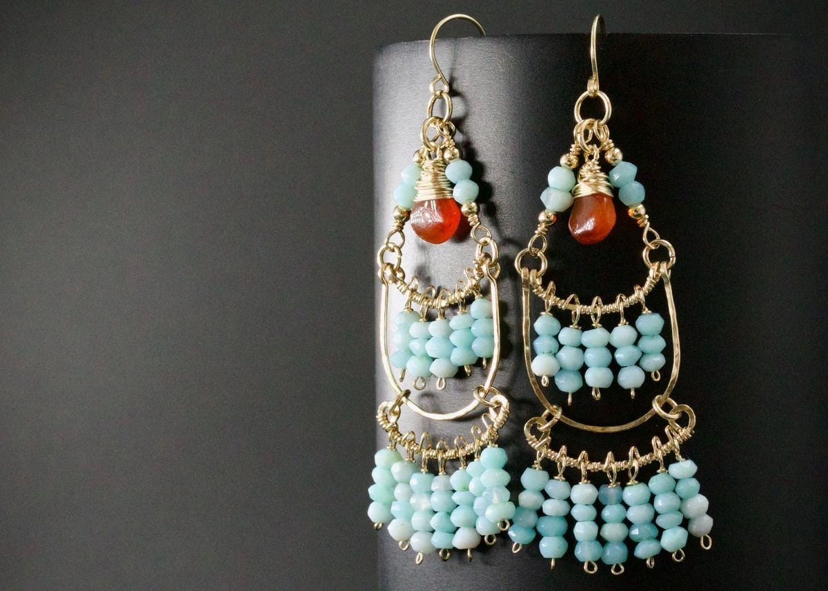 Carnelian Amazonite Chandelier Fringe Gemstone Earrings, 14K Gold Filled Unique Boho