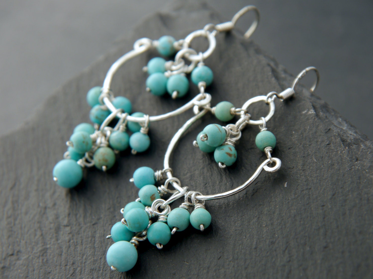 Turquoise Magnesite Chandelier Cluster Gemstone Earrings, Sterling Silver, Bohemian Style