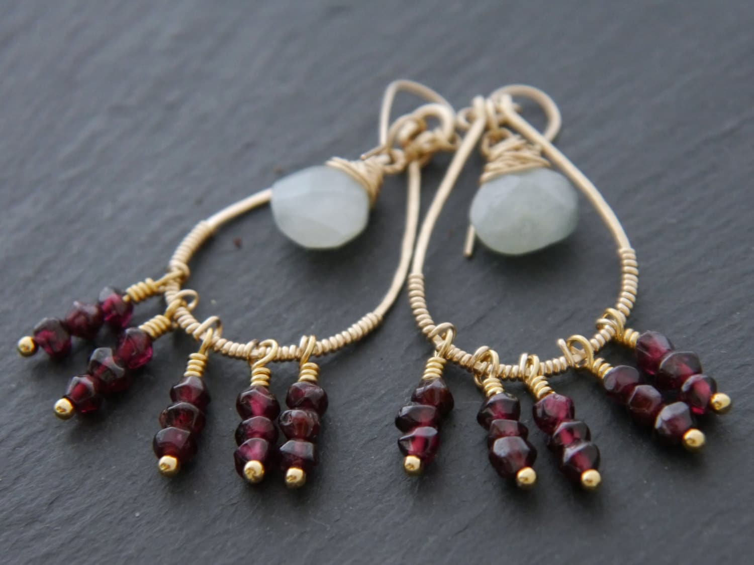 Garnet Aquamarine Art Deco Chandelier Gemstone Earrings, 14K Gold Filled Heirloom