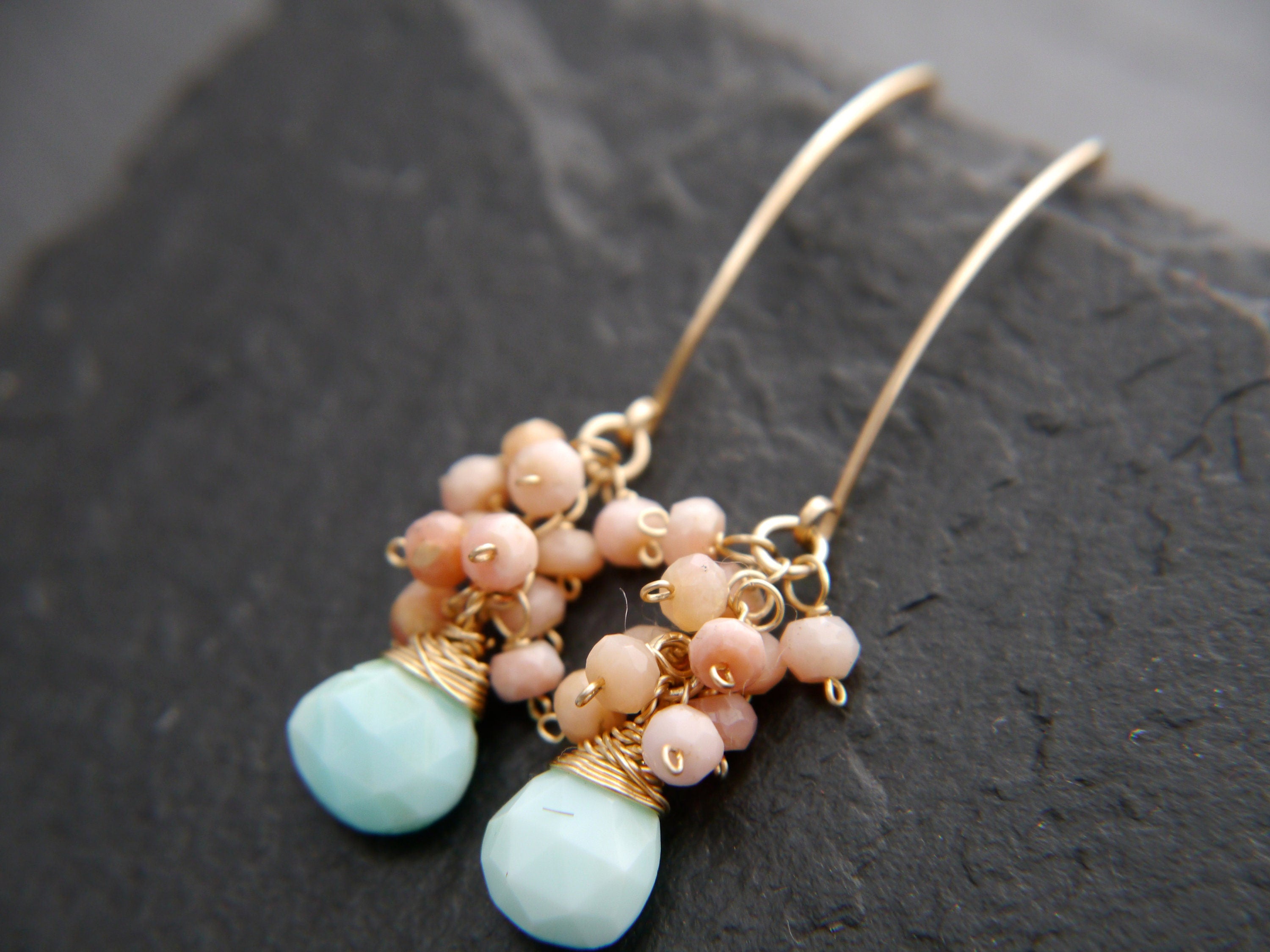 Pink Blue Opal Floral Cluster Gemstone Earrings, 14K Gold Filled Nature Inspired