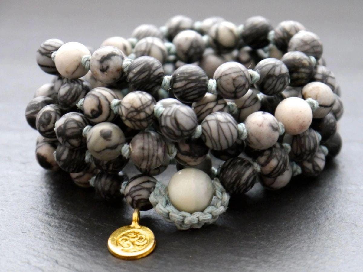 Black Silkstone White Magnesite 108 Mala Beads, Hand Knotted Wrap