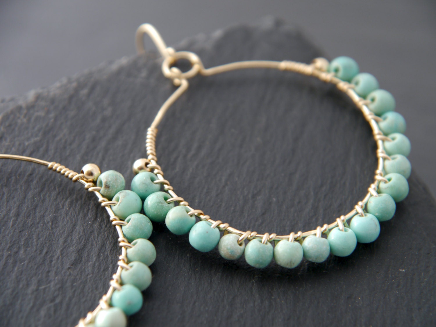 Turquoise Magnesite Hoop Gemstone Earrings, 14K Gold Filled Boho Chic