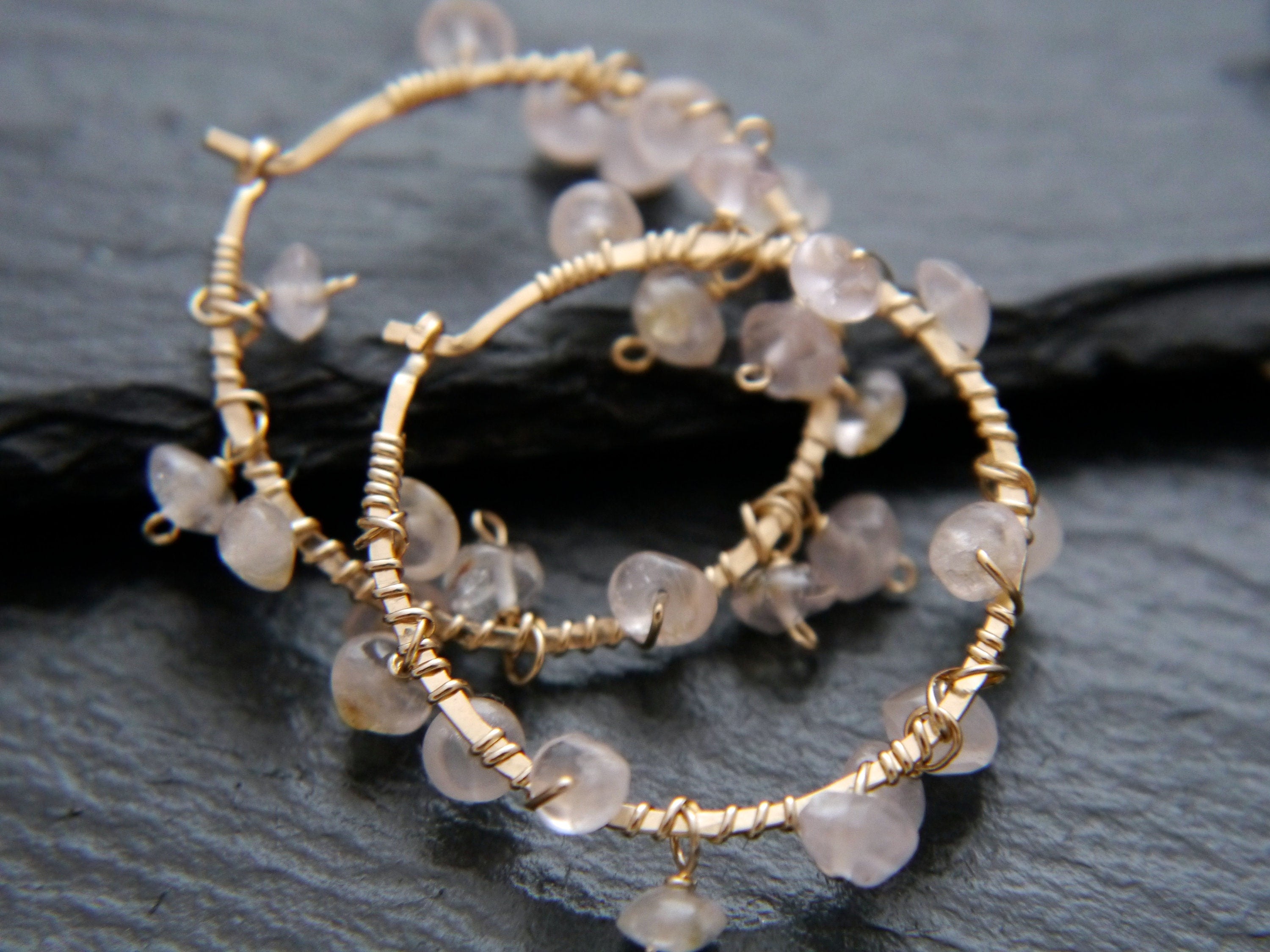 Rose Quartz Hoop Gemstone Earrings, 14K Gold Filled Boho Style Jewelry