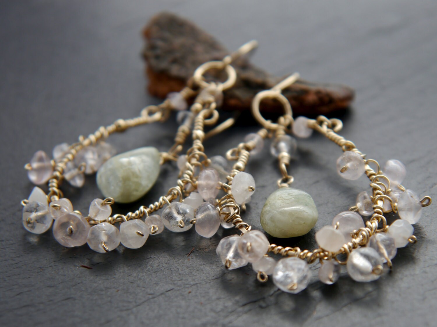 Aquamarine Rose Quartz Floral Chandelier Gemstone Earrings, 14K Gold Filled Wedding