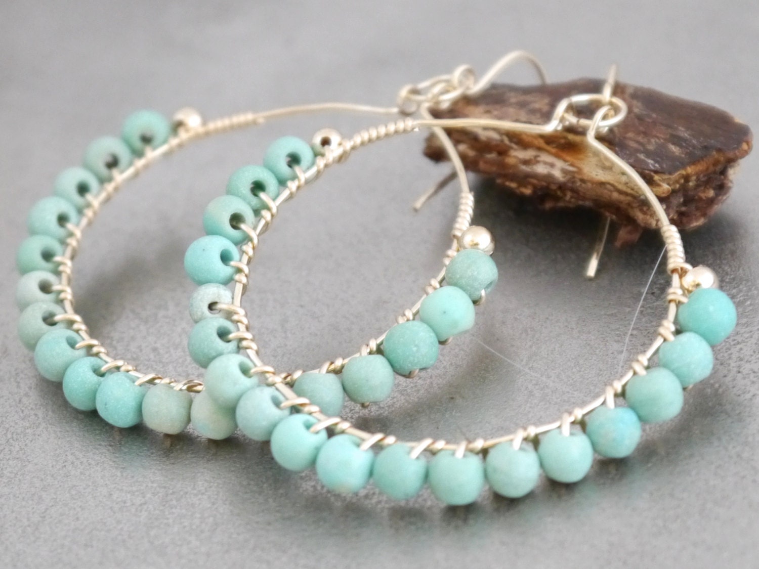 Turquoise Magnesite Hoop Gemstone Earrings, 14K Gold Filled Boho Chic