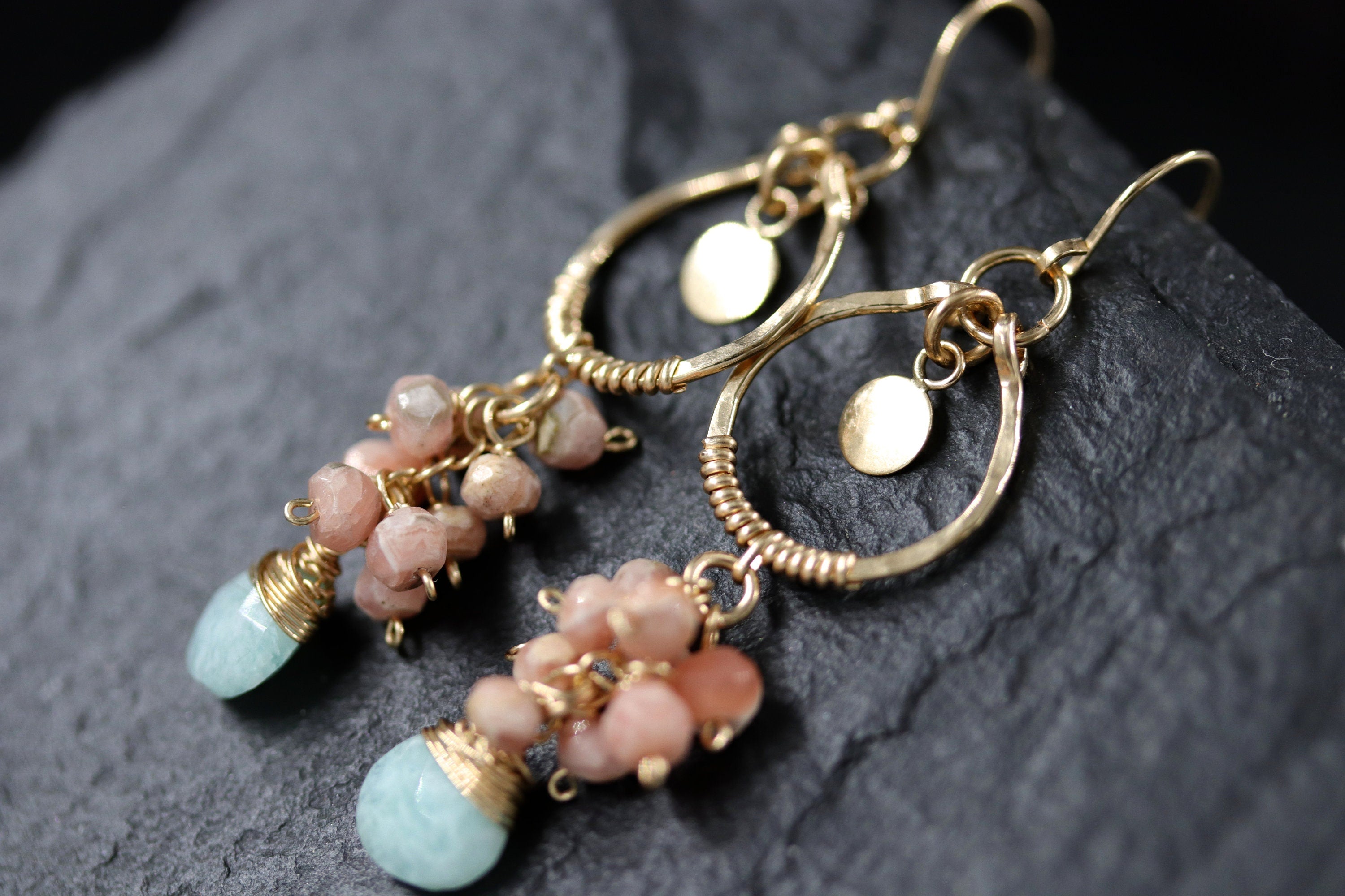 Amazonite Rhodonite Cluster Earrings, 14K Gold Filled Floral Dangle, Romantic Statement