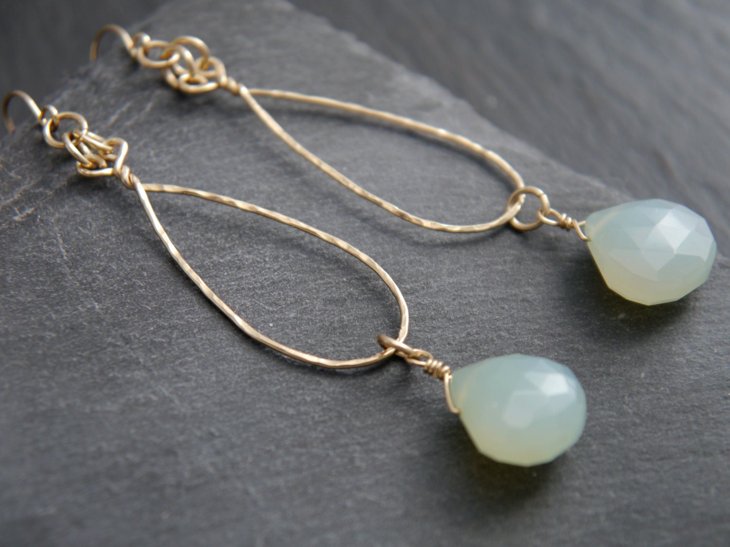 Sea Foam Chalcedony Heart Briolette Gemstone Earrings, 14K Gold Filled Boho Wedding