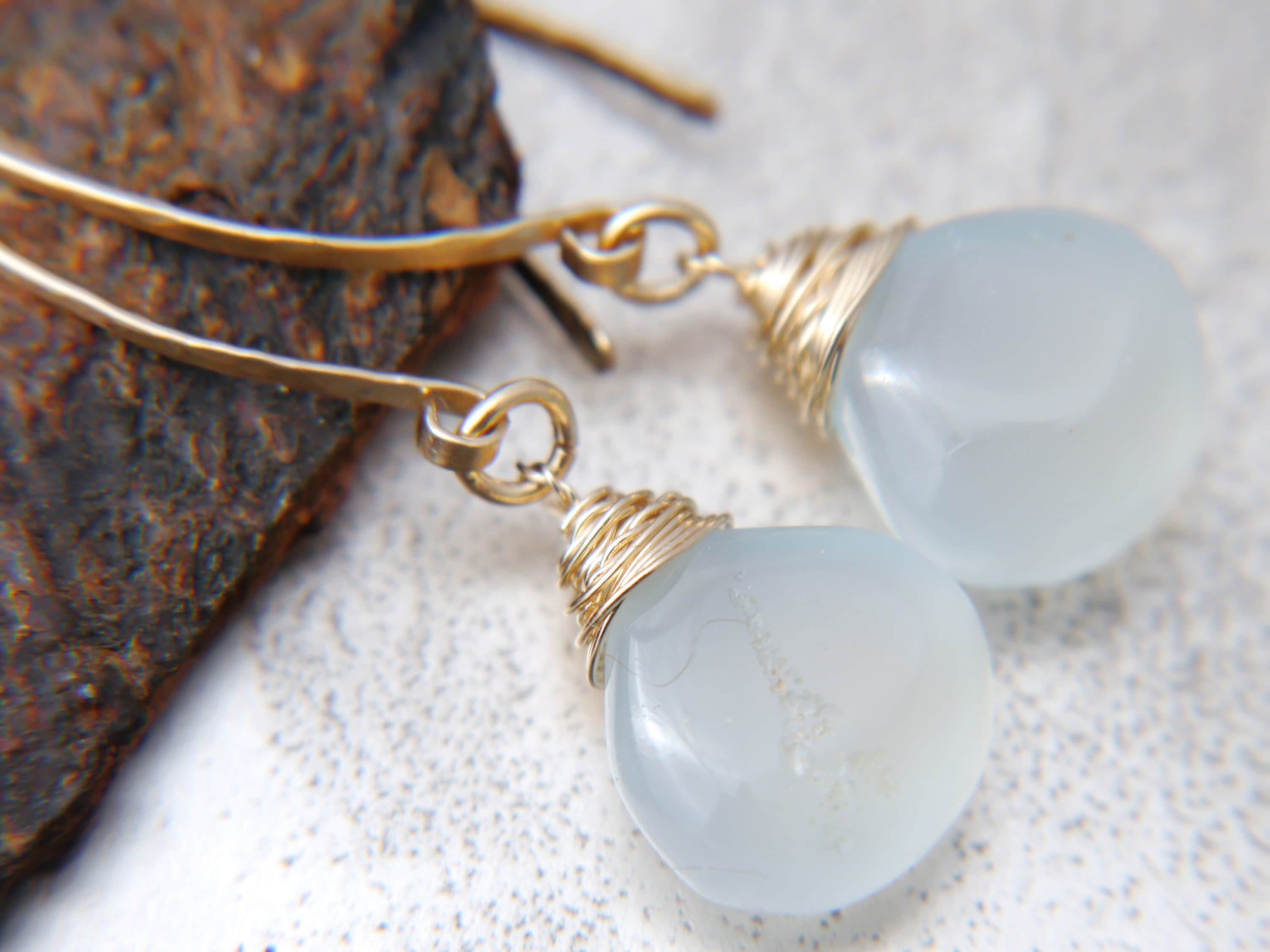 Aqua Chalcedony Heart Briolette Gemstone Earrings, 14K Gold Filled Hoops Dainty