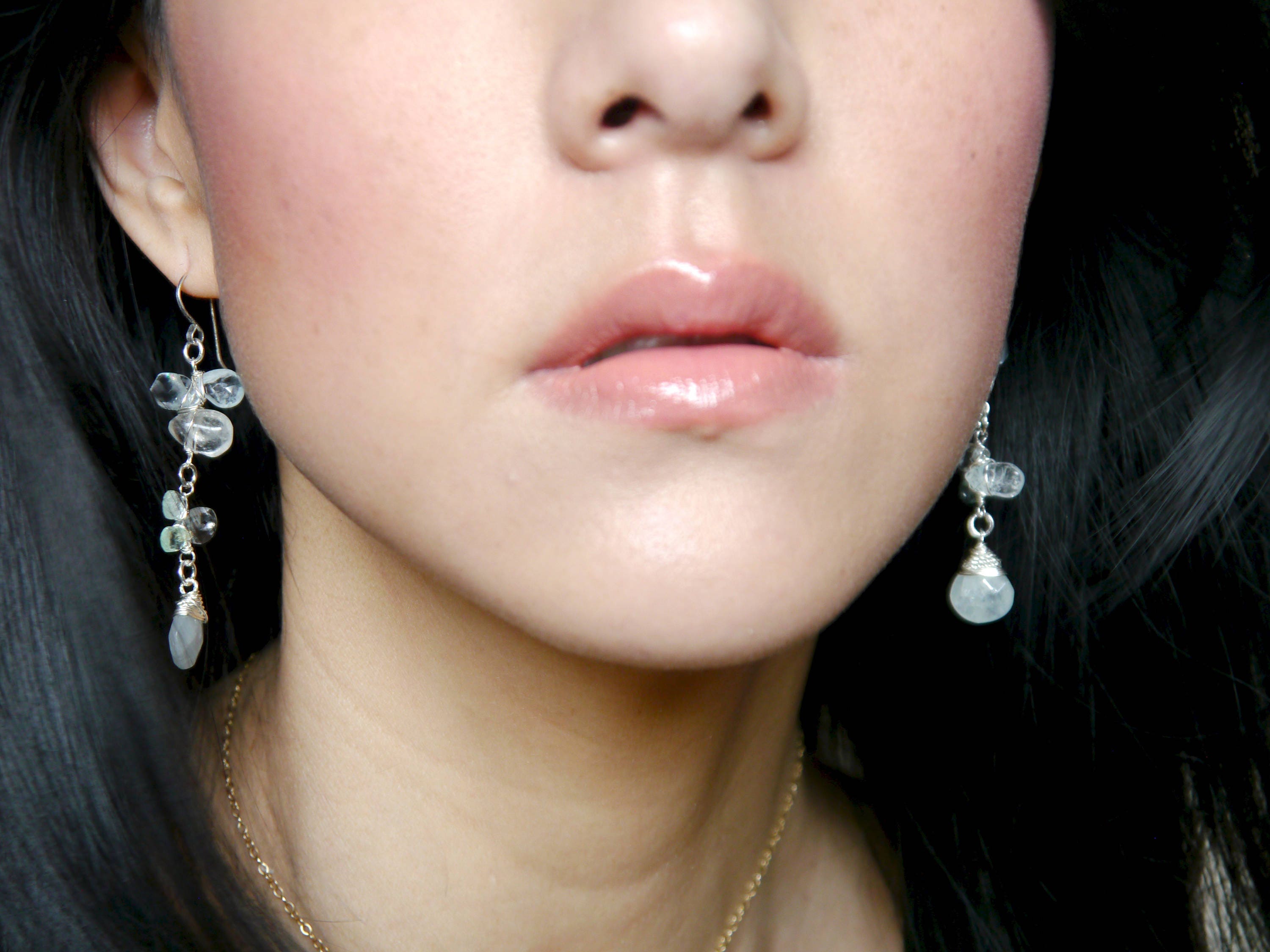 Aquamarine Long Dangle Floral Gemstone Earrings, Sterling Silver Wedding Jewelry