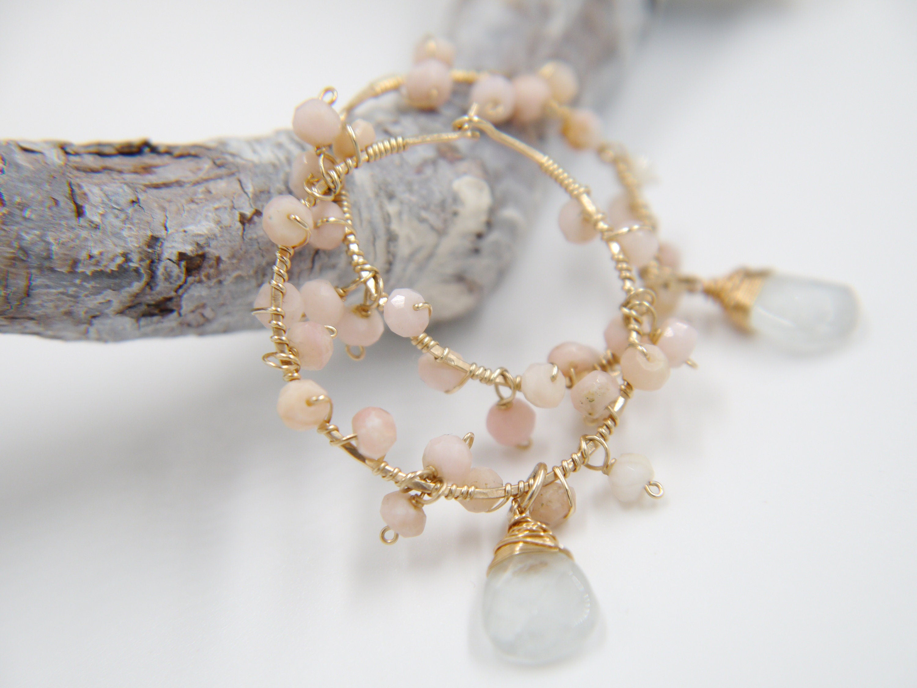 Aquamarine Pink Opal Floral Hoop Gemstone Earrings, 14K Gold Filled Bridal