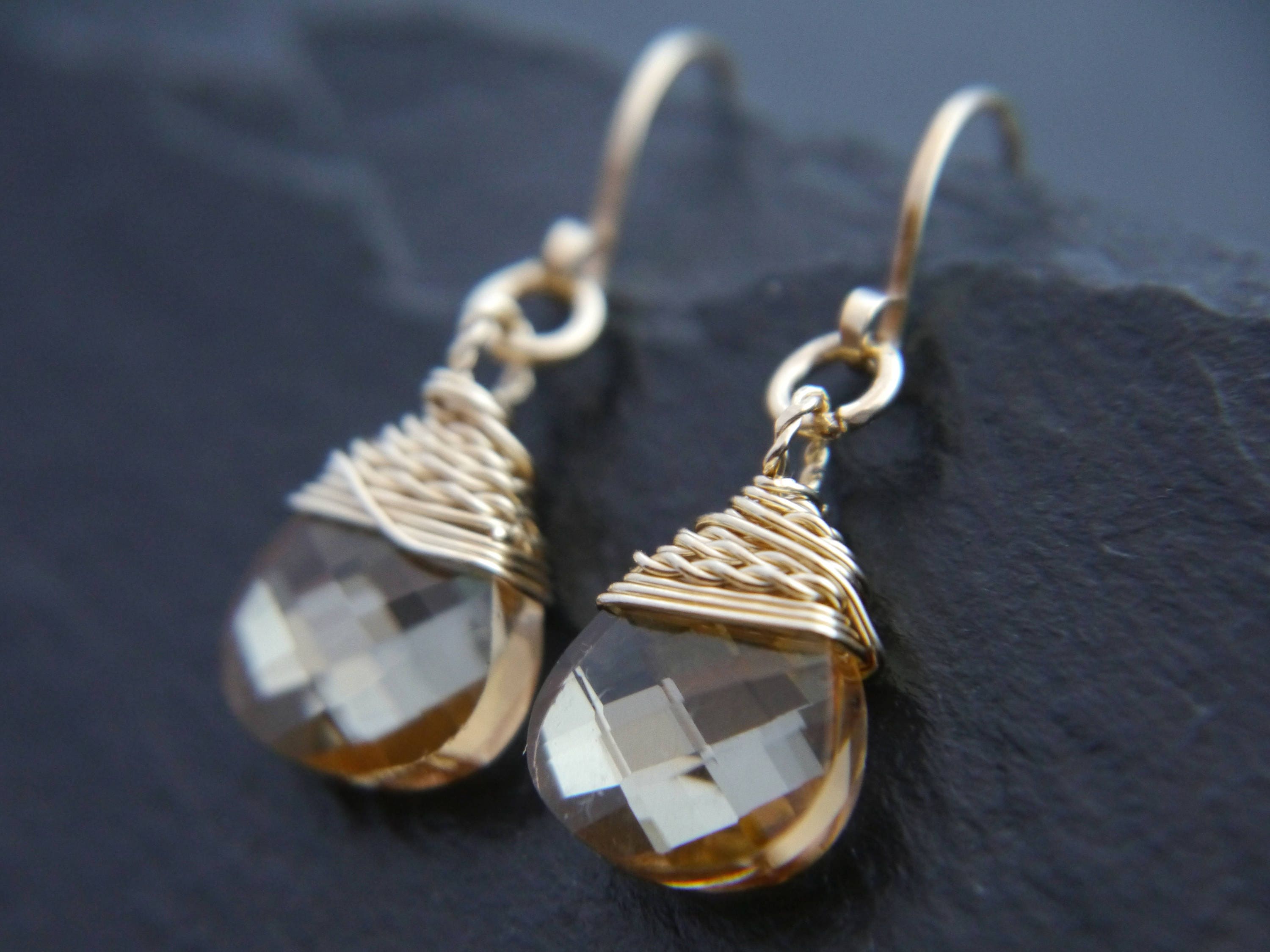 Champagne Swarovski Crystal Briolette Gemstone Earrings, 14K Gold Filled Minimalist