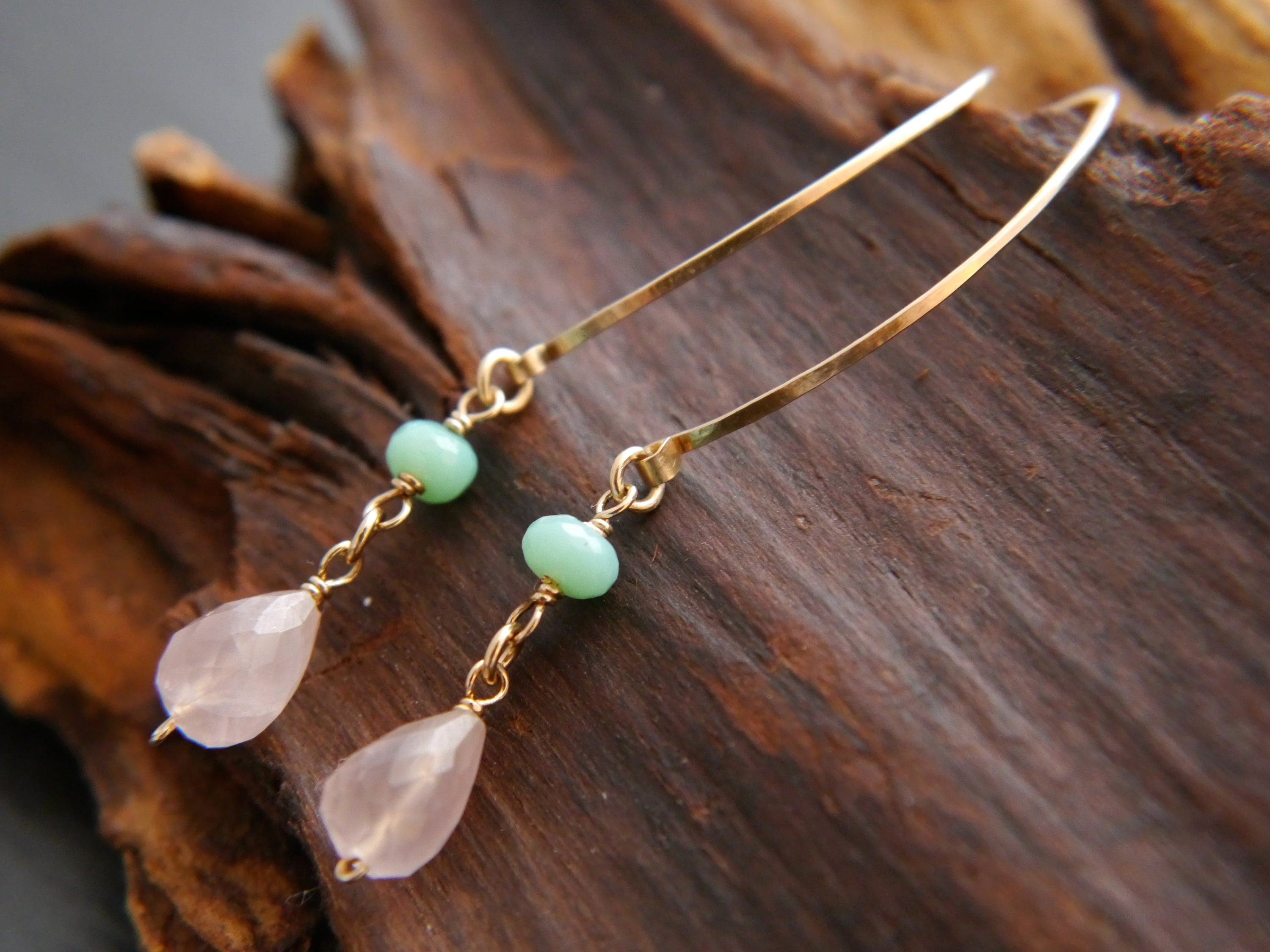 Rose Quartz Chrysoprase Hoop Gemstone Earrings, 14K Gold Filled Boho Wedding Jewelry