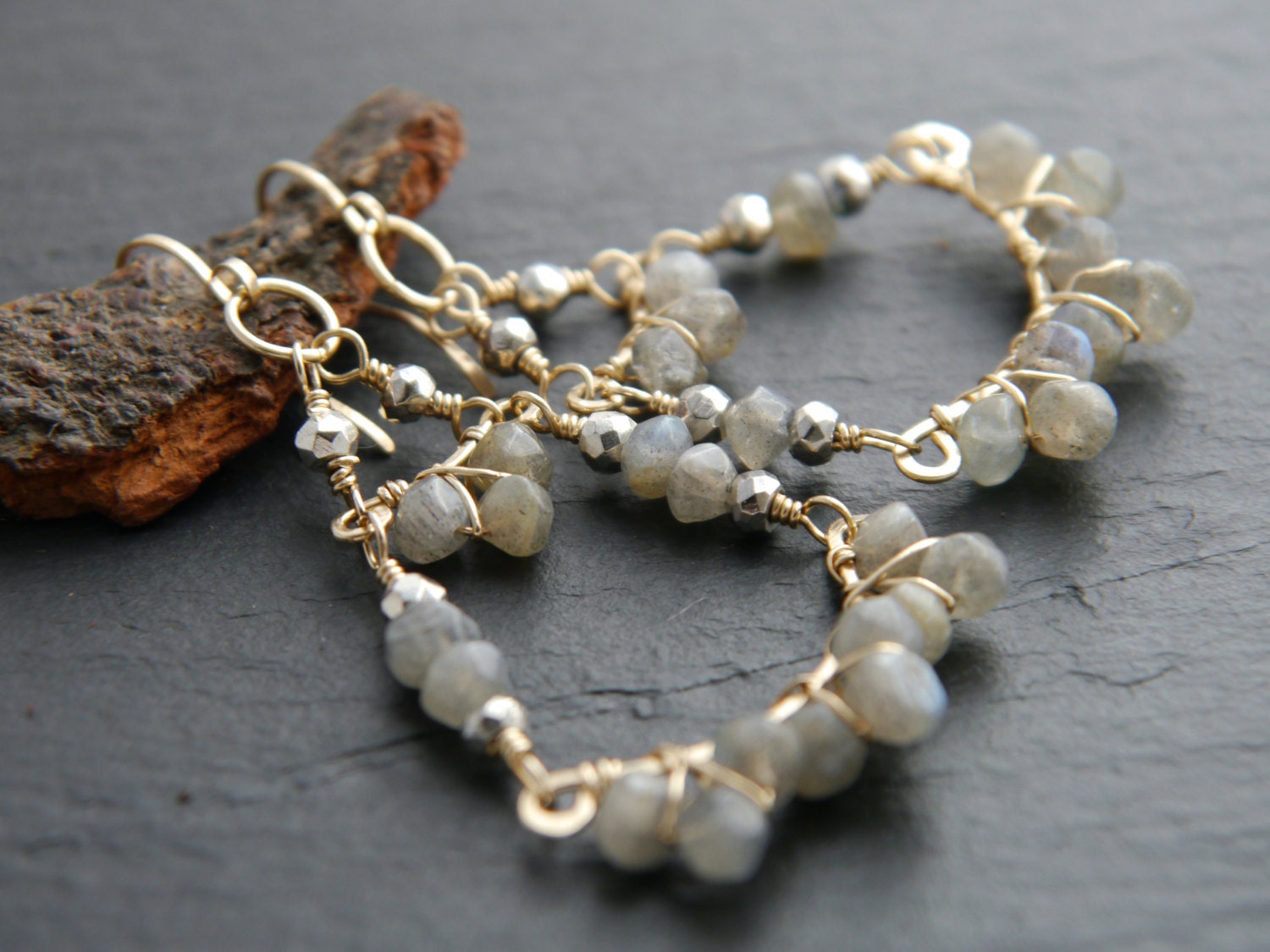 Labradorite Pyrite Chandelier Gemstone Earrings, 14K Gold Filled Bohemian Bridal Jewelry