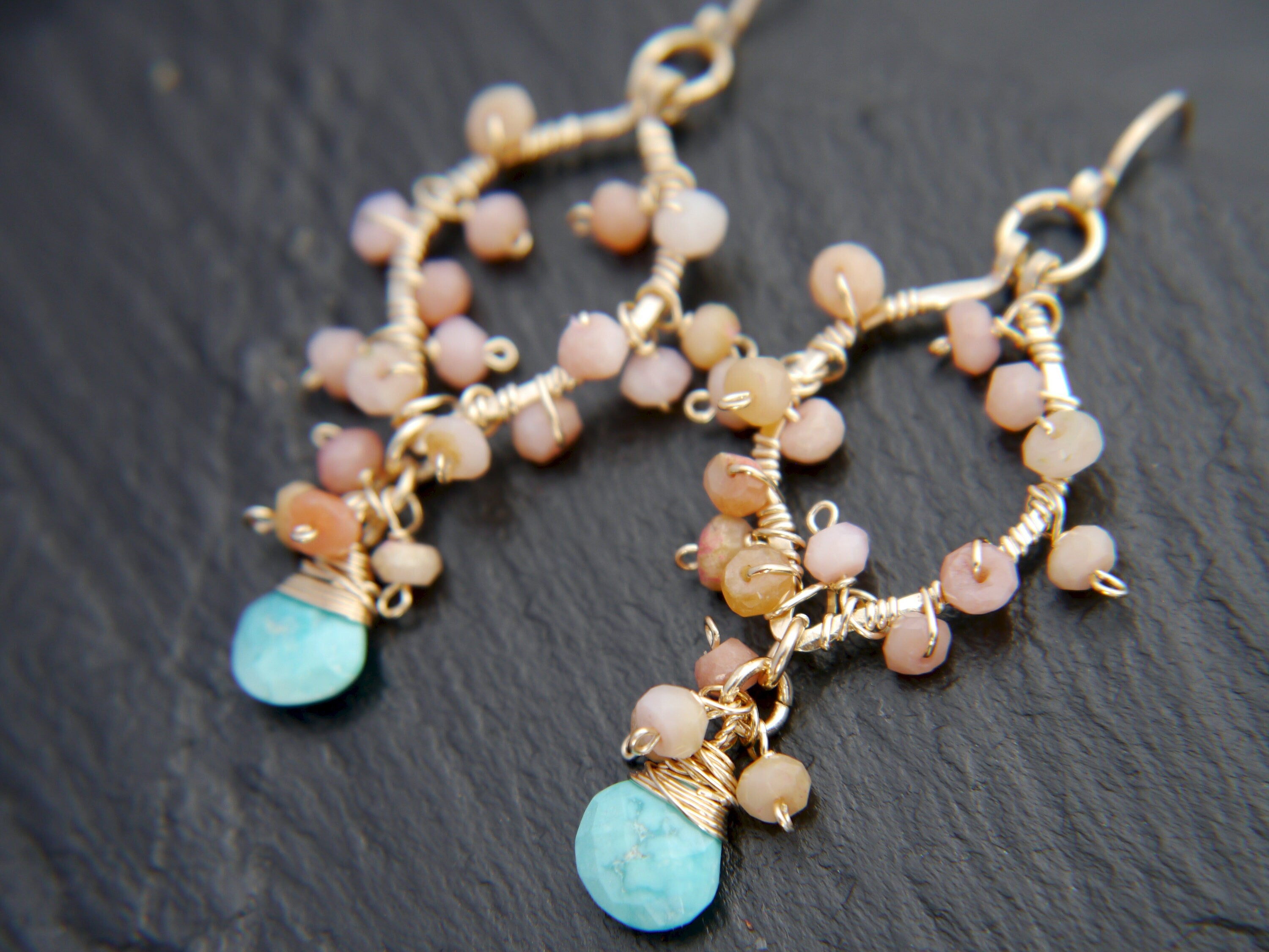 Turquoise Pink Opal Floral Gemstone Earrings, 14K Gold Filled Garden Wedding