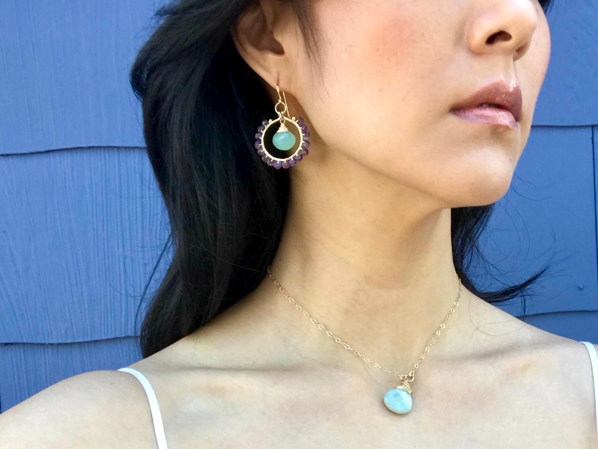Amethyst Aqua Chalcedony Hoop Earrings, 14K Gold Filled Gemstone Hoops, Boho Jewelry