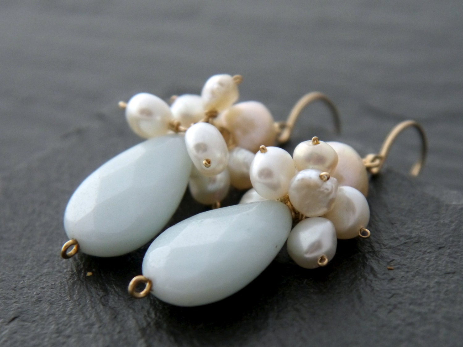 Amazonite Pearl Teardrop Earrings, 14K Gold Filled Dangle, Garden Wedding Jewelry