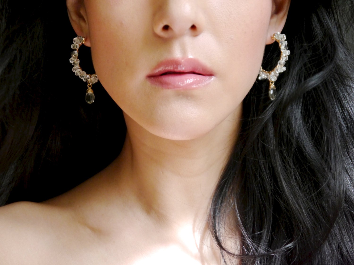 Green Amethyst Floral Hoop Gemstone Earrings, 14K Gold Filled Bohemian Style
