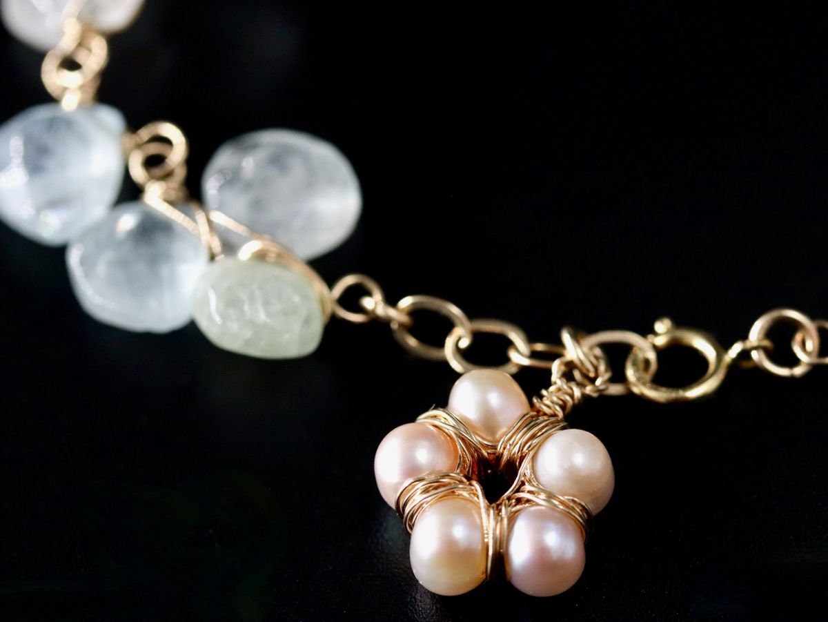 14K Gold Filled Aquamarine Pearl Gemstone Bracelet, March Birthstone Bridal Jewelry