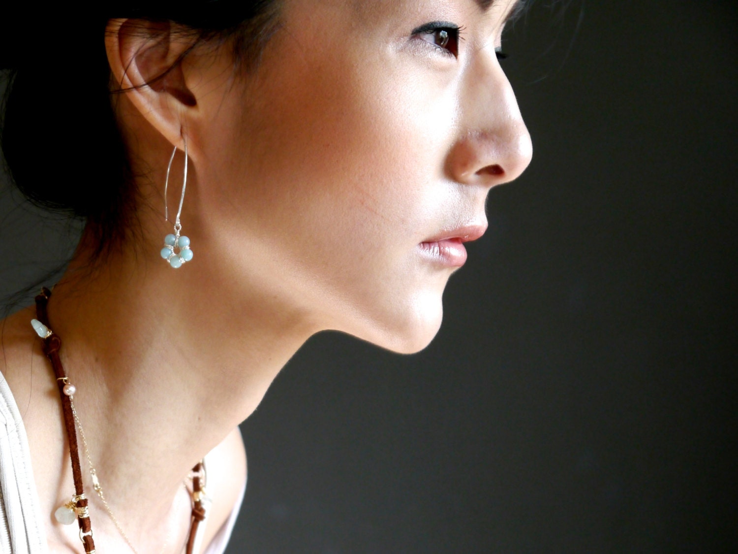 Aqua Amazonite Long Floral Hoop Gemstone Earrings, Sterling Silver Nature Inspired