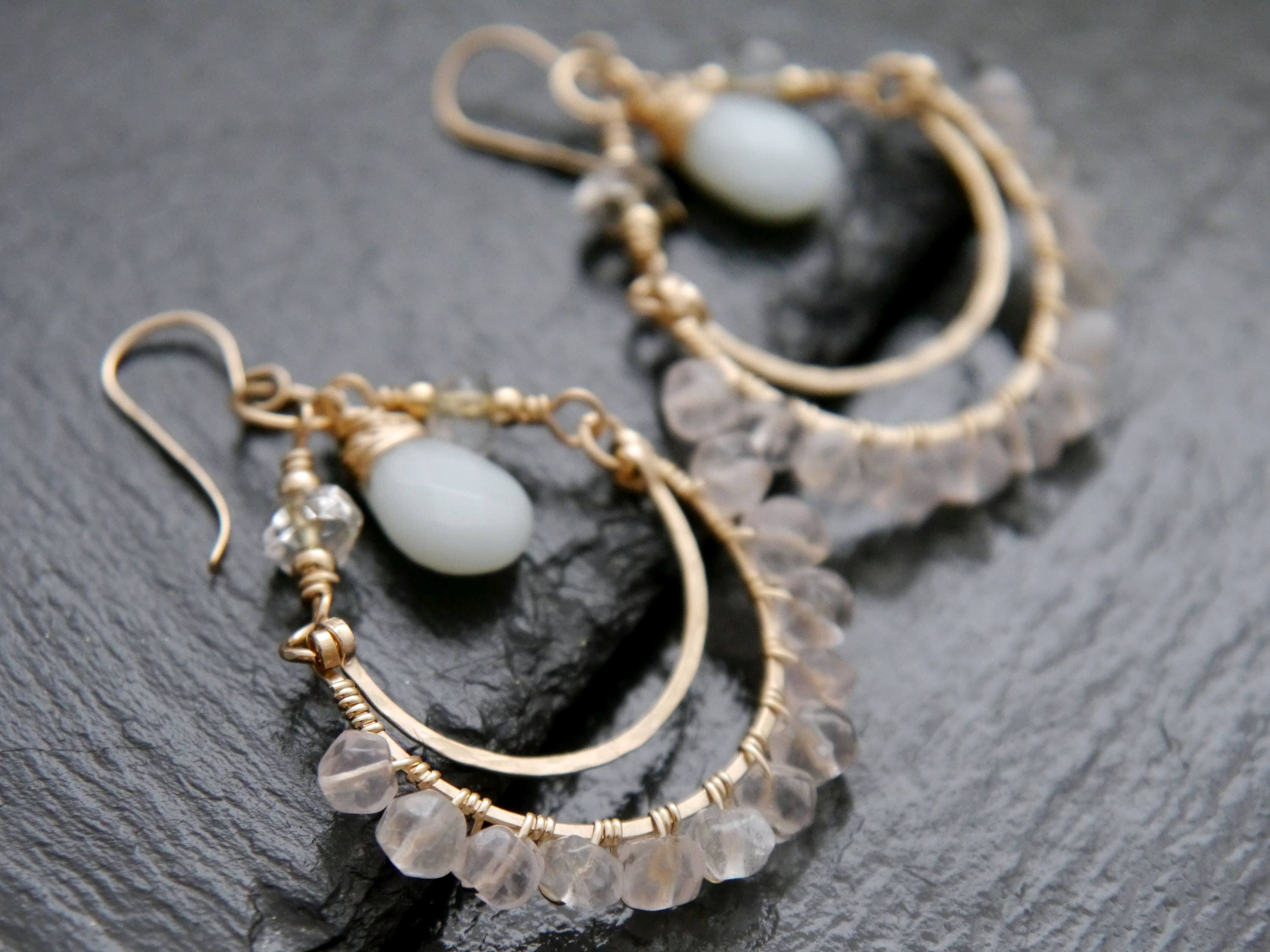 Rose Quartz Amazonite Chandelier Gemstone Earrings, 14K Gold Filled Boho Chic