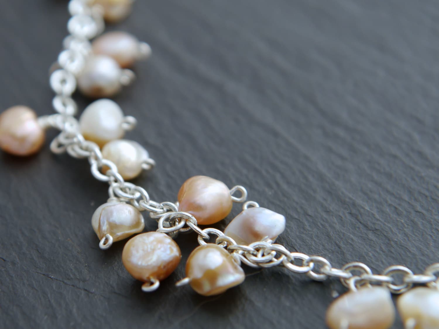 Freshwater Pink Pearl Floral Vine Gemstone Necklace, Sterling Silver, Wedding Jewelry