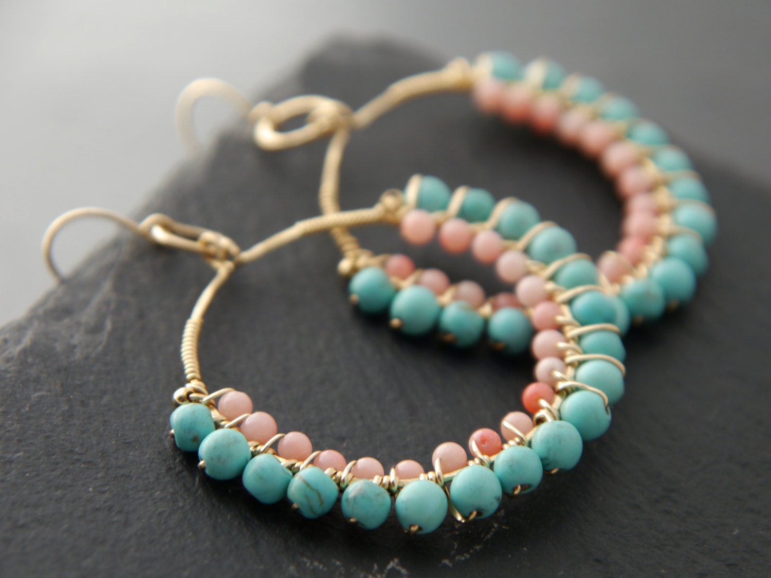 Turquoise Coral Hoop Gemstone Earrings, 14K Gold Filled Boho Wedding Coastal Style