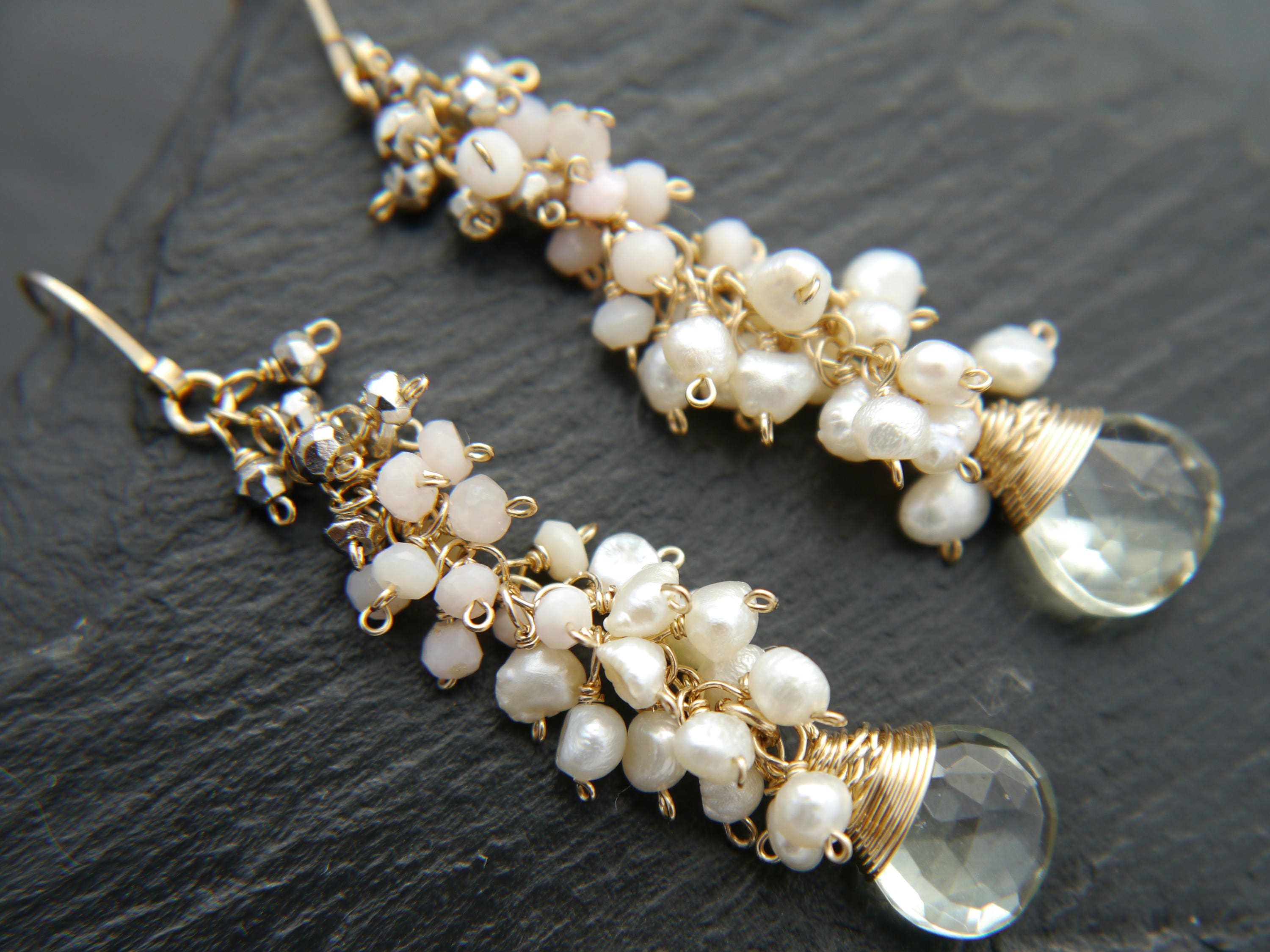 Green Amethyst Pearl Teardrop Cluster Floral Gemstone Earrings, 14K Gold Filled
