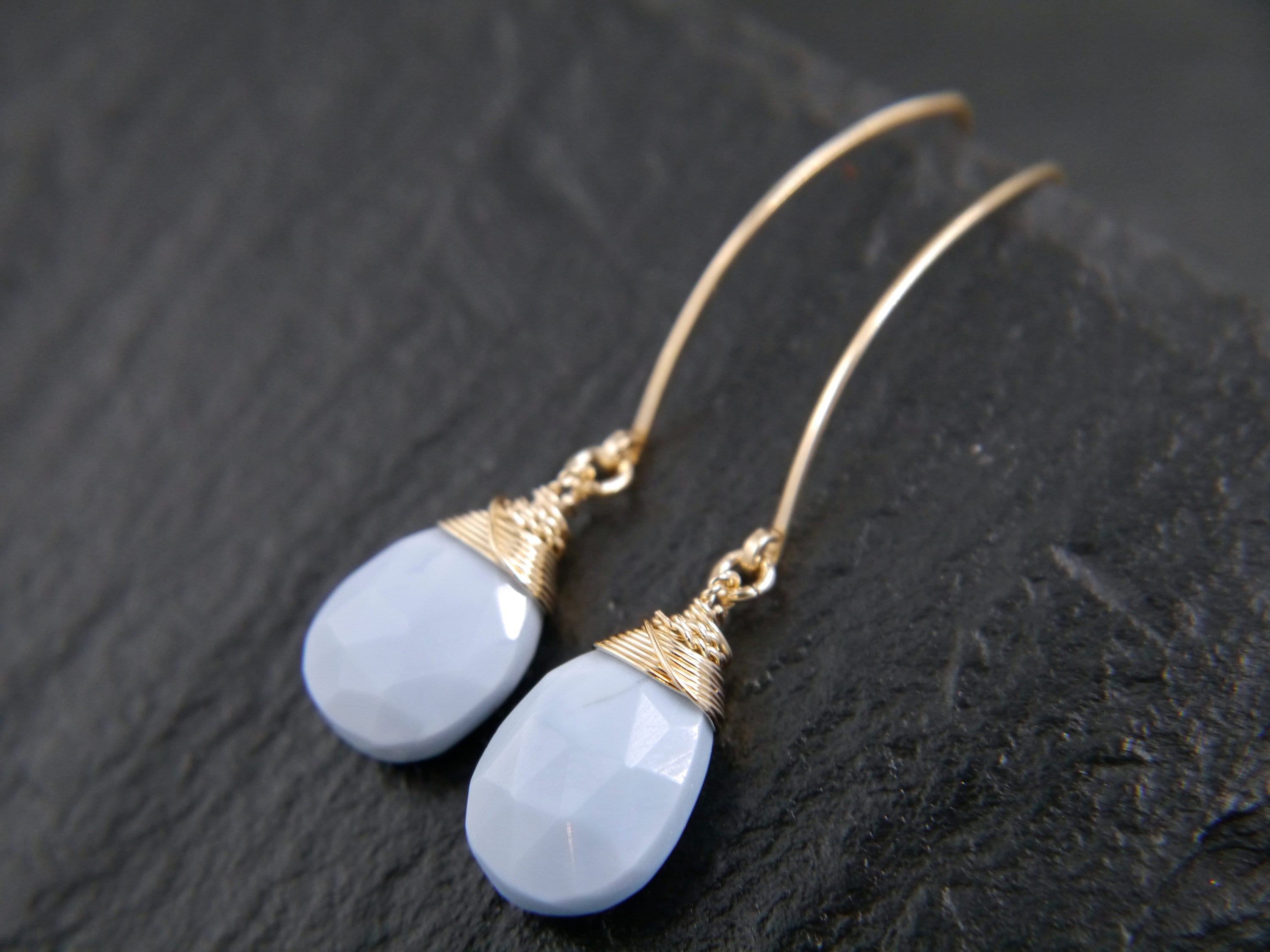Blue Opal Teardrop Long Hoop Gemstone Earrings, 14K Gold Filled Minimalist