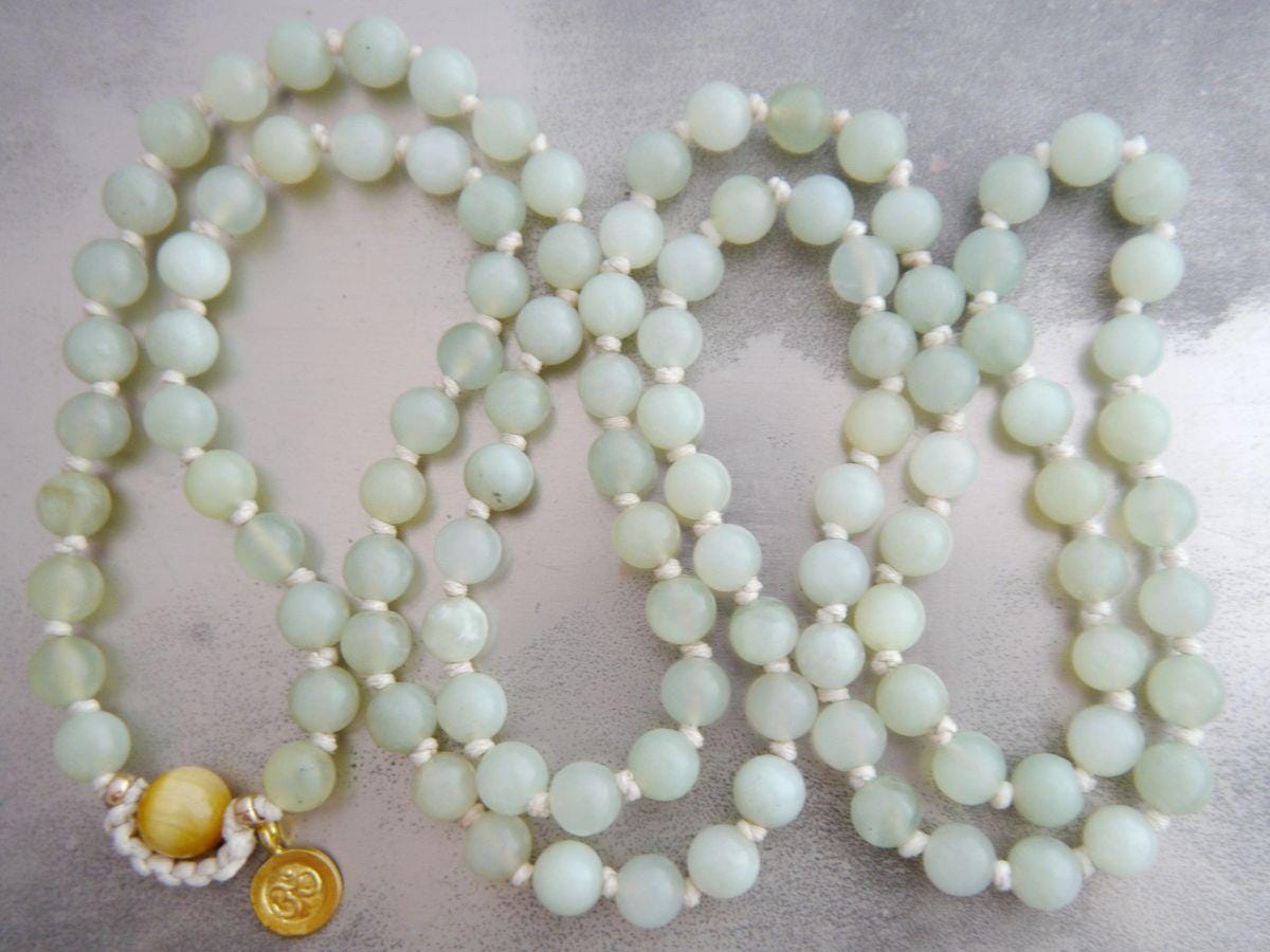 Sea Green Serpentine Mala Beads, 108 Gemstone Beads, Wrap, Hand Knotted