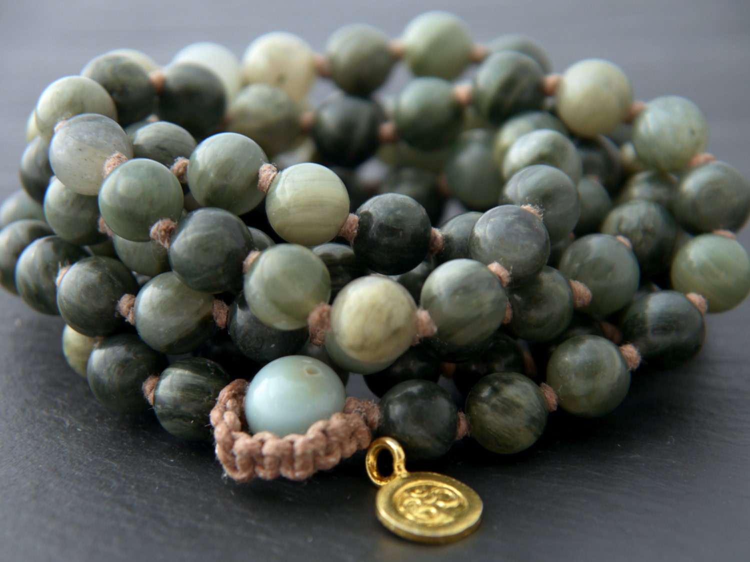Green Line Jasper 108 Mala Bead , Wrap, Hand Knotted Tibetan Prayer Beads