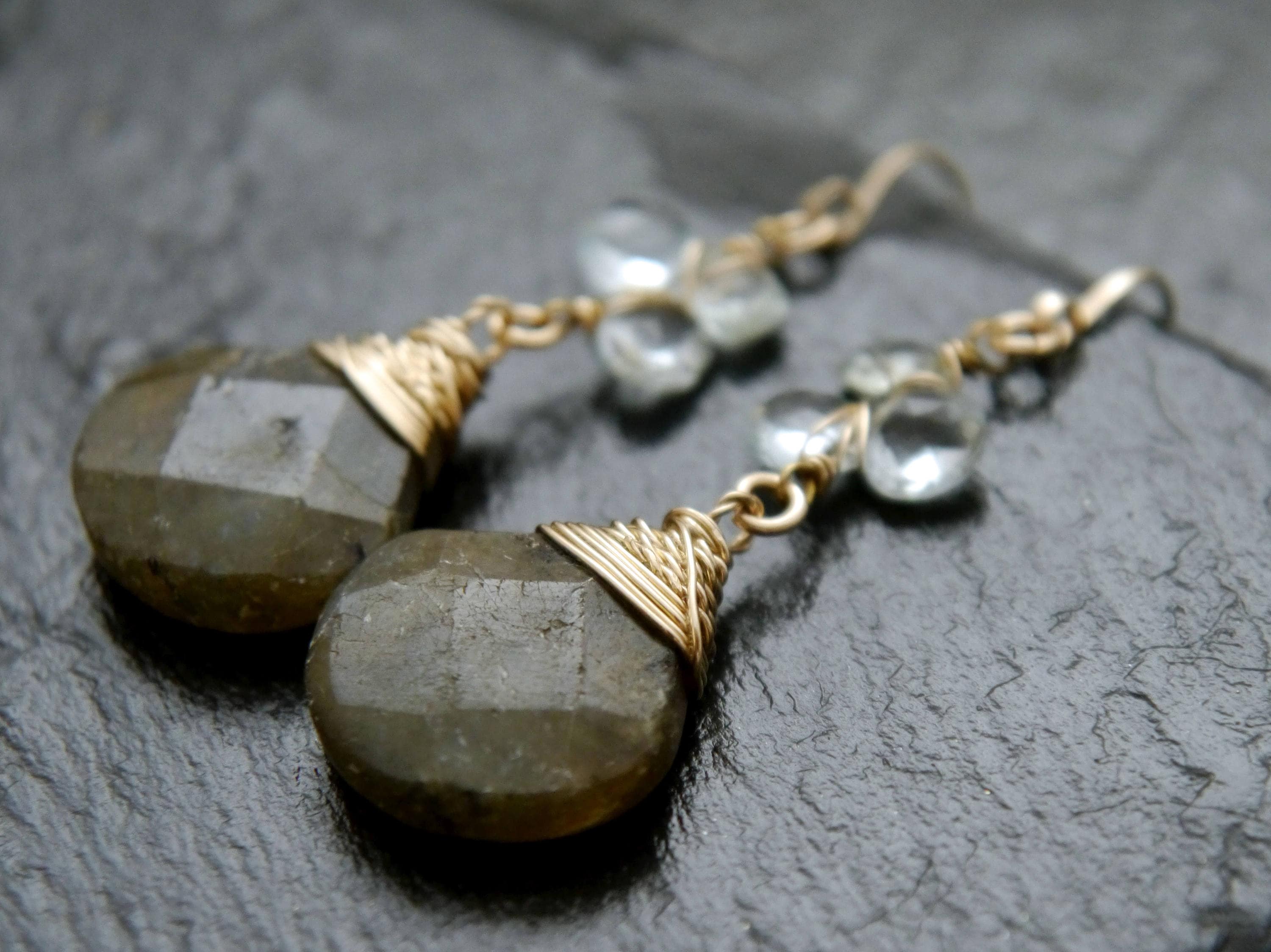 Aquamarine Labradorite Floral Teardrop Gemstone Earrings, 14K Gold Filled Bridal