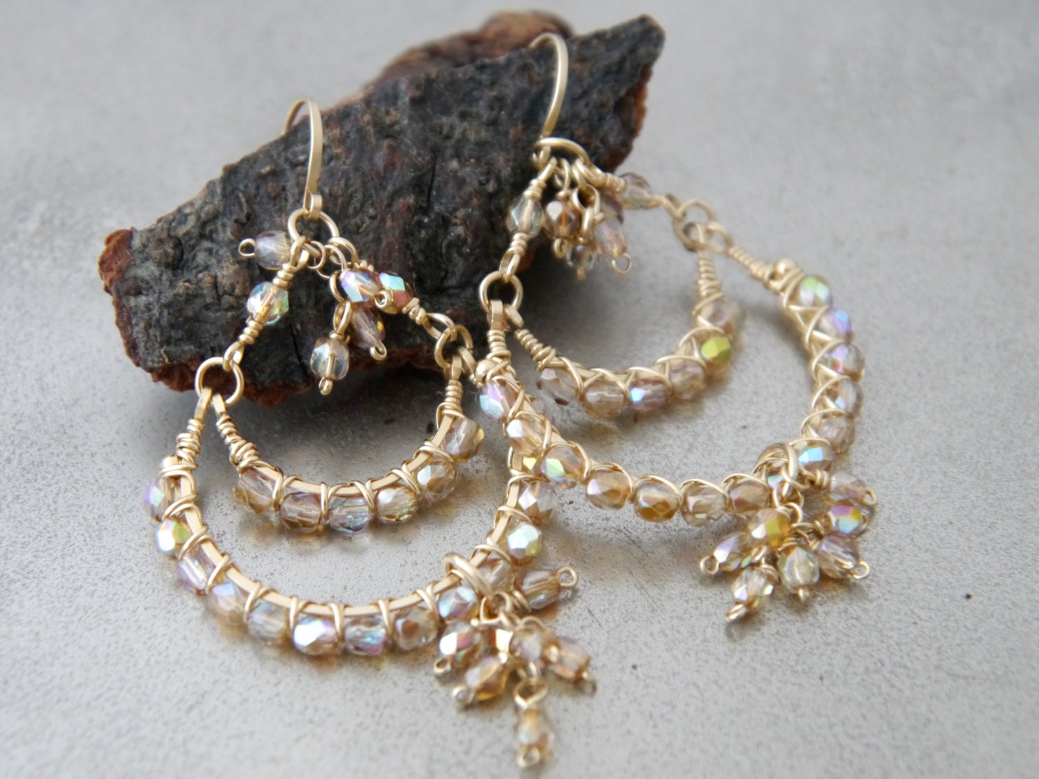 Champagne Chandelier Gemstone Earrings, 14K Gold Filled Minimalist Bridal
