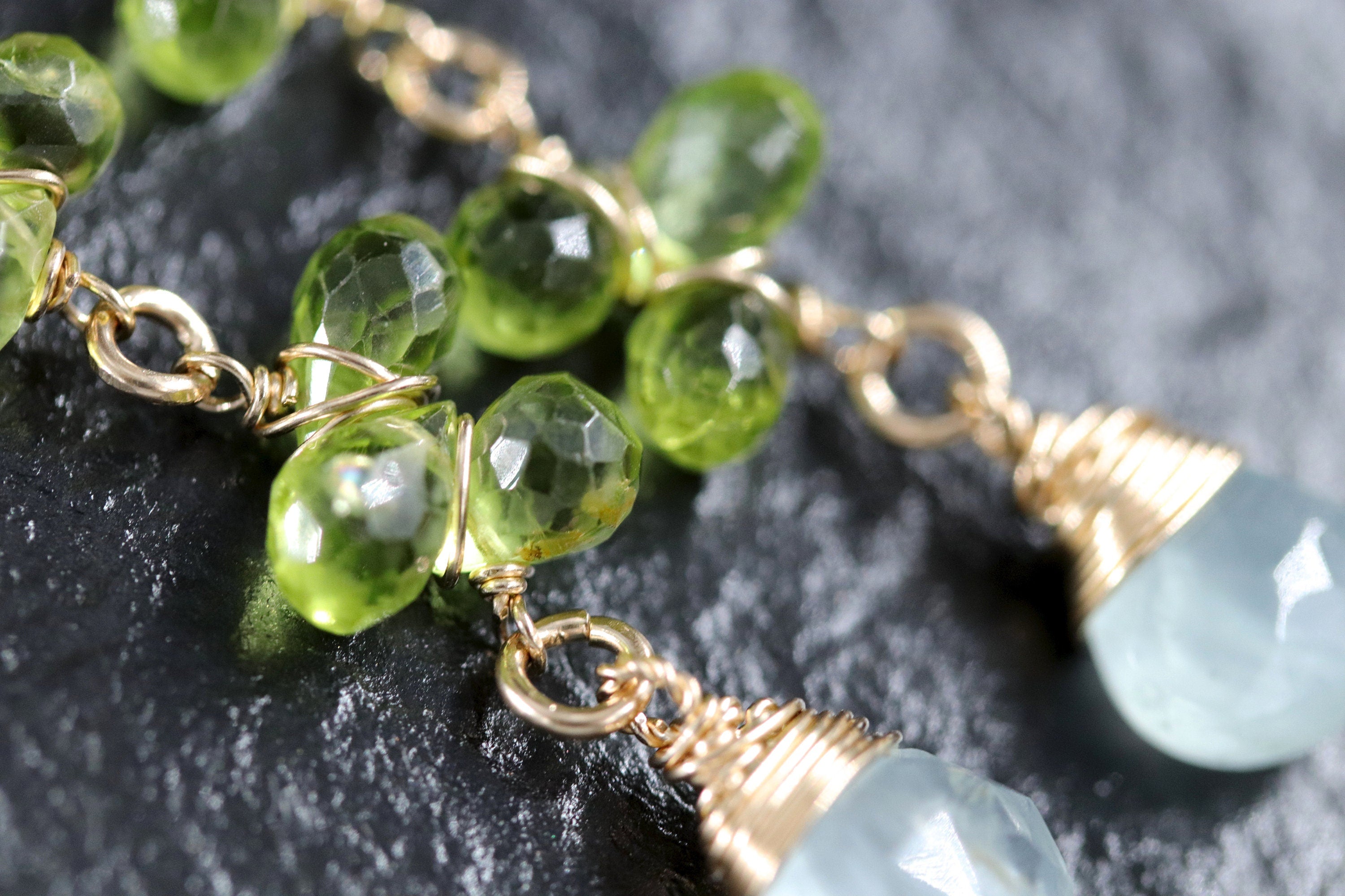 Aquamarine Peridot Dangle Vine Gemstone Earrings, 14K Gold Filled Floral Design