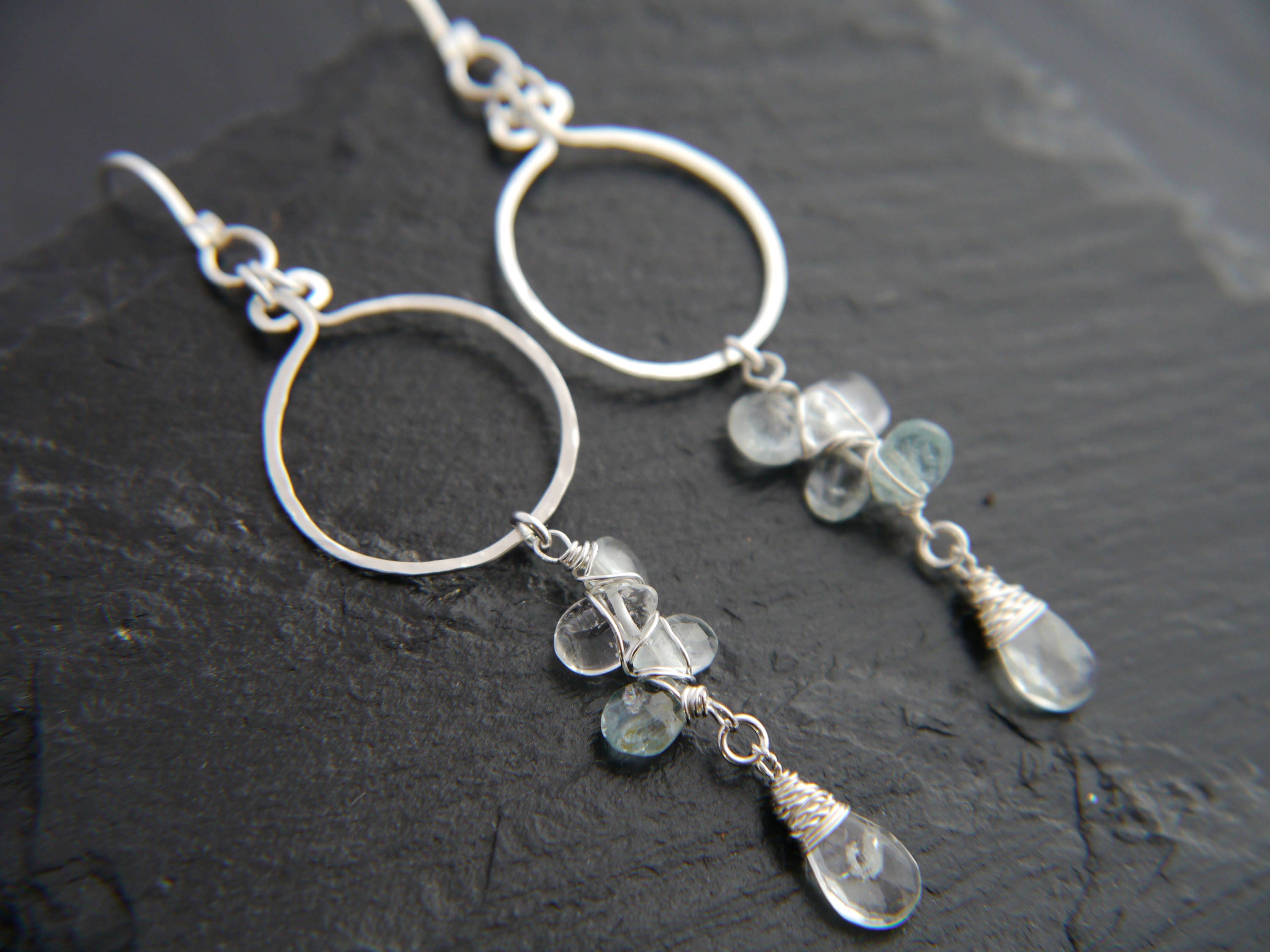 Aquamarine Quartz Long Dangle Gemstone Earrings, Sterling Silver Hoops