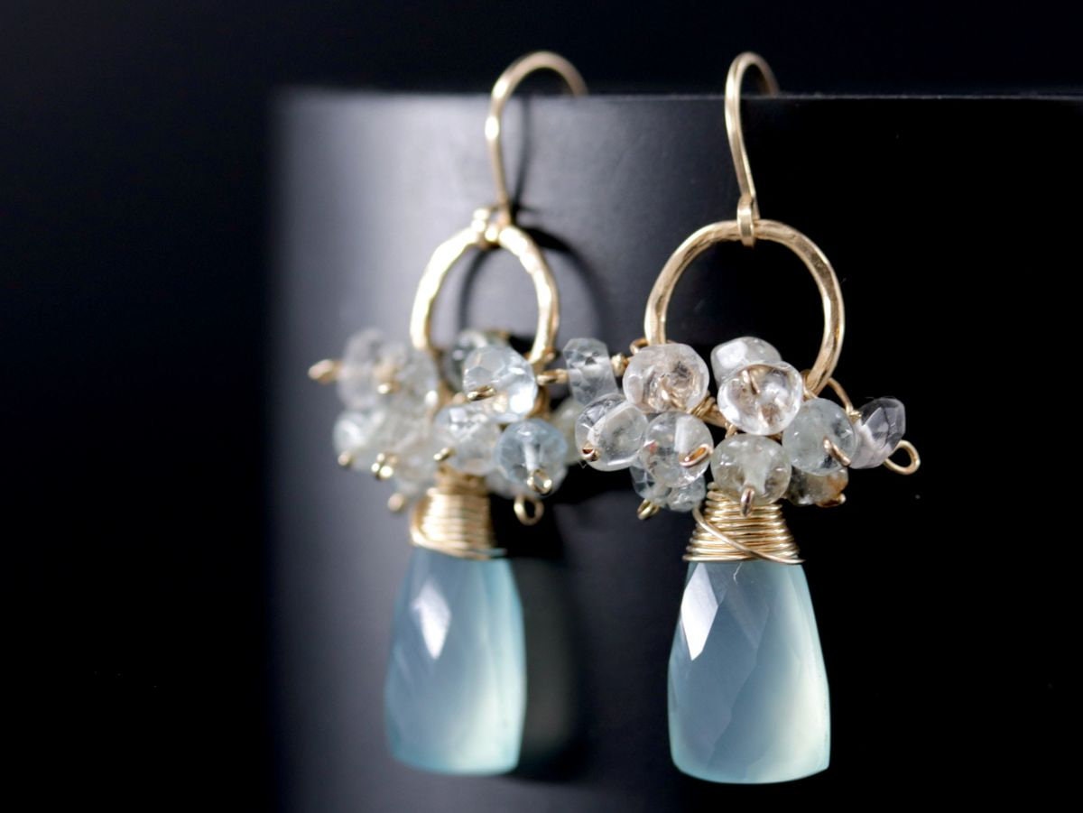 Labradorite Opal Cluster Gemstone Earrings, 14K Gold Filled Bohemian Wedding