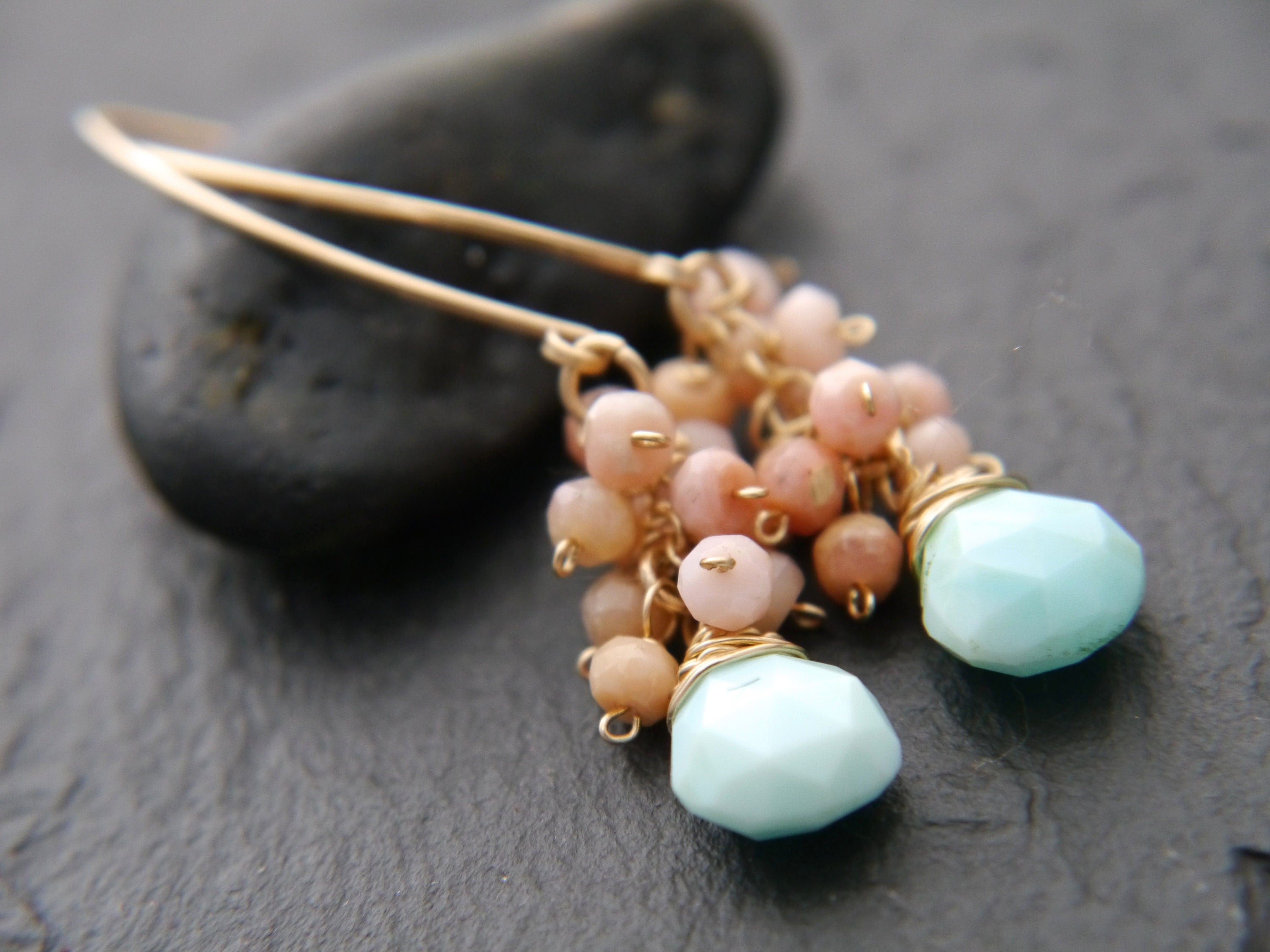 Pink Blue Opal Floral Cluster Gemstone Earrings, 14K Gold Filled Nature Inspired