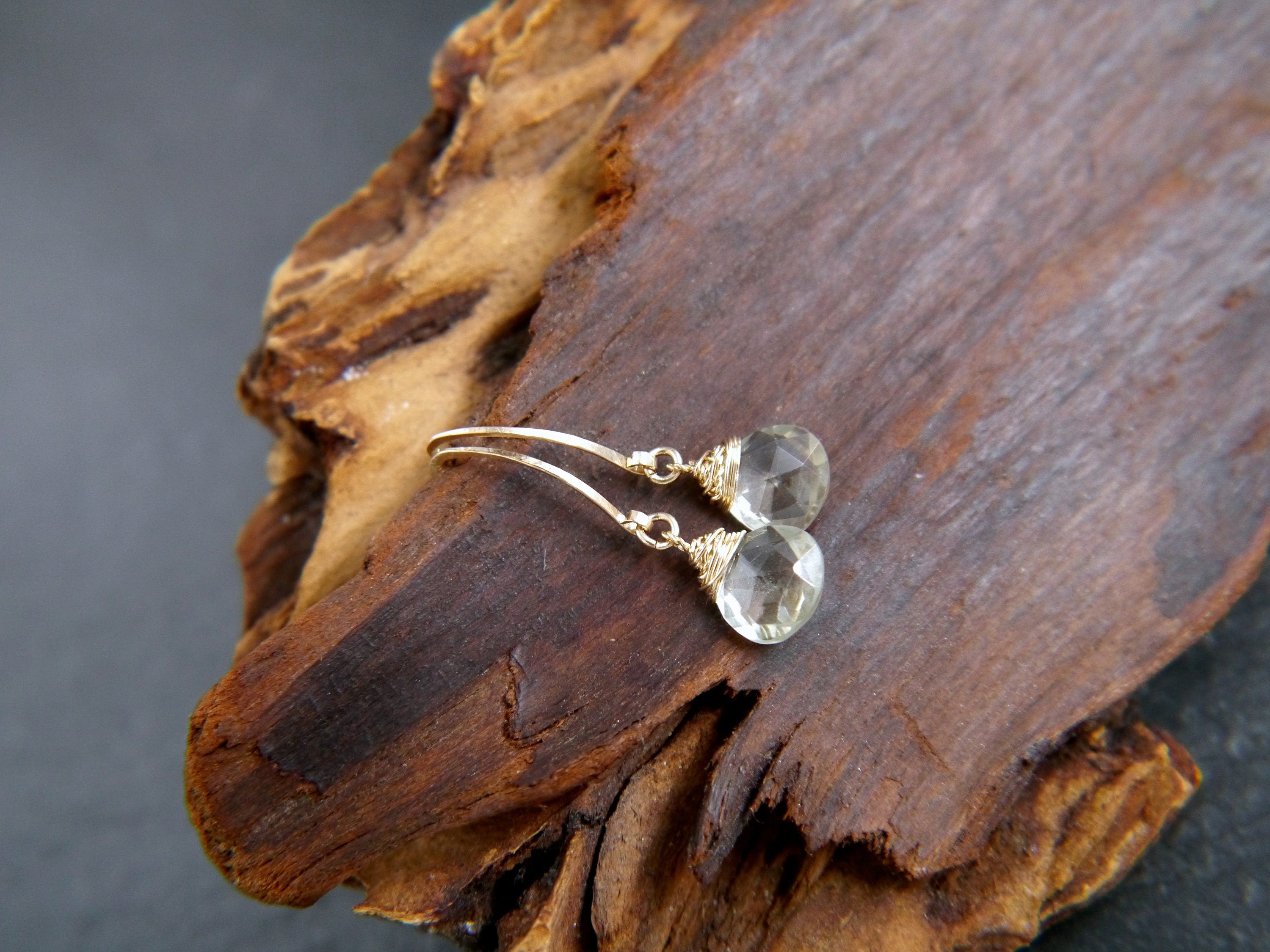 Green Amethyst Long Hoop Gemstone Earrings, 14K Gold Filled Classic Style