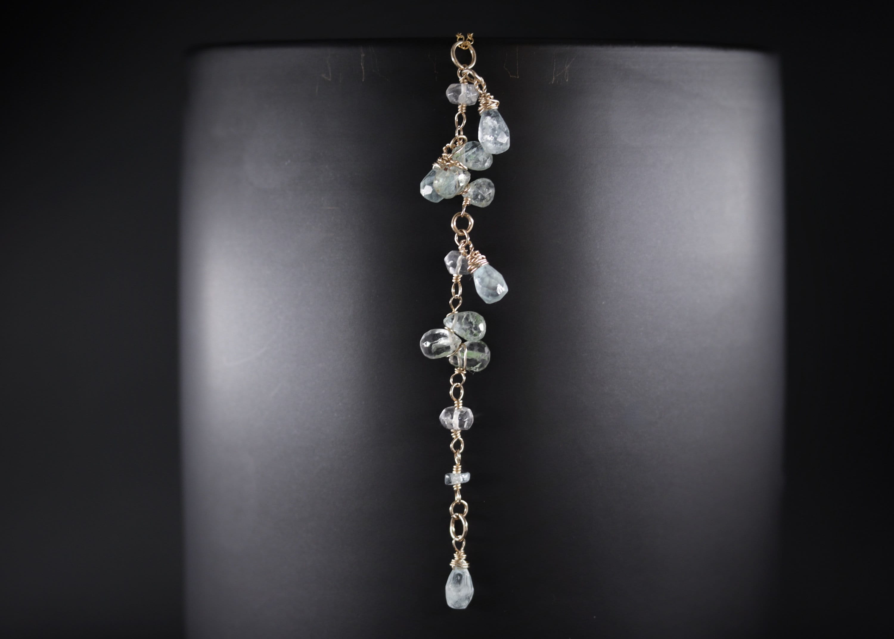Wire Wrapped Aquamarine Briolette Lariat Y Gemstone Necklace, 14K Gold Filled, Bridal