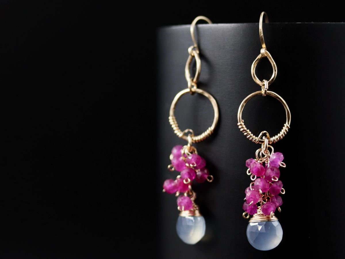 Ruby Chalcedony Heart Briolette Floral Cluster Gemstone Earrings, 14K Gold Filled
