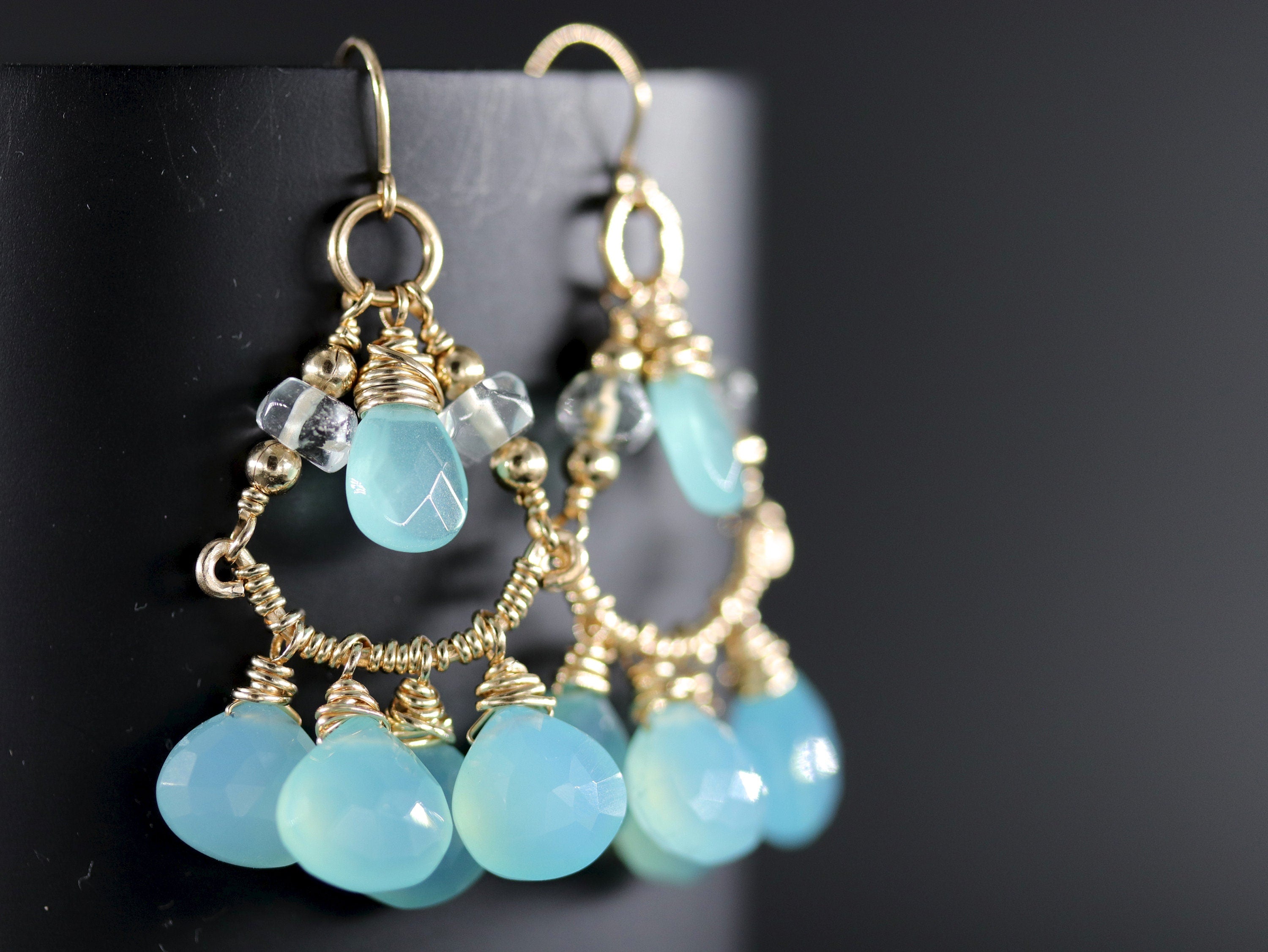 Aqua Chalcedony Heart Chandelier Gemstone Earrings, 14K Gold Filled Something Blue